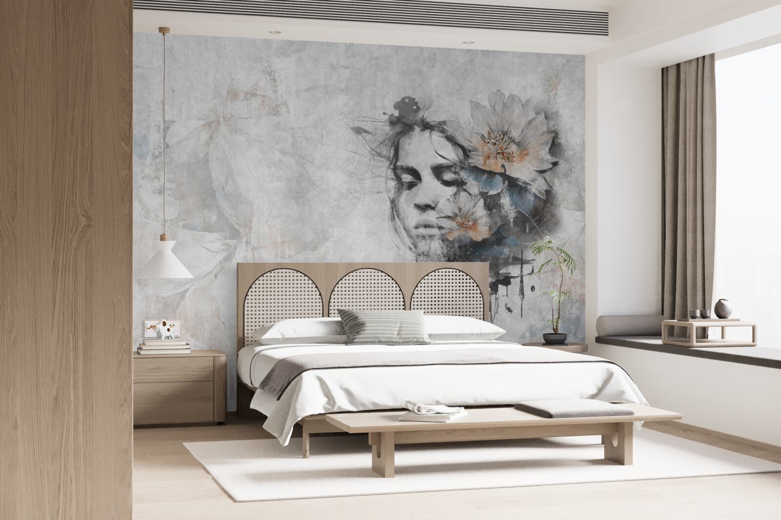 Fotobehang meisje met boeket bloemen