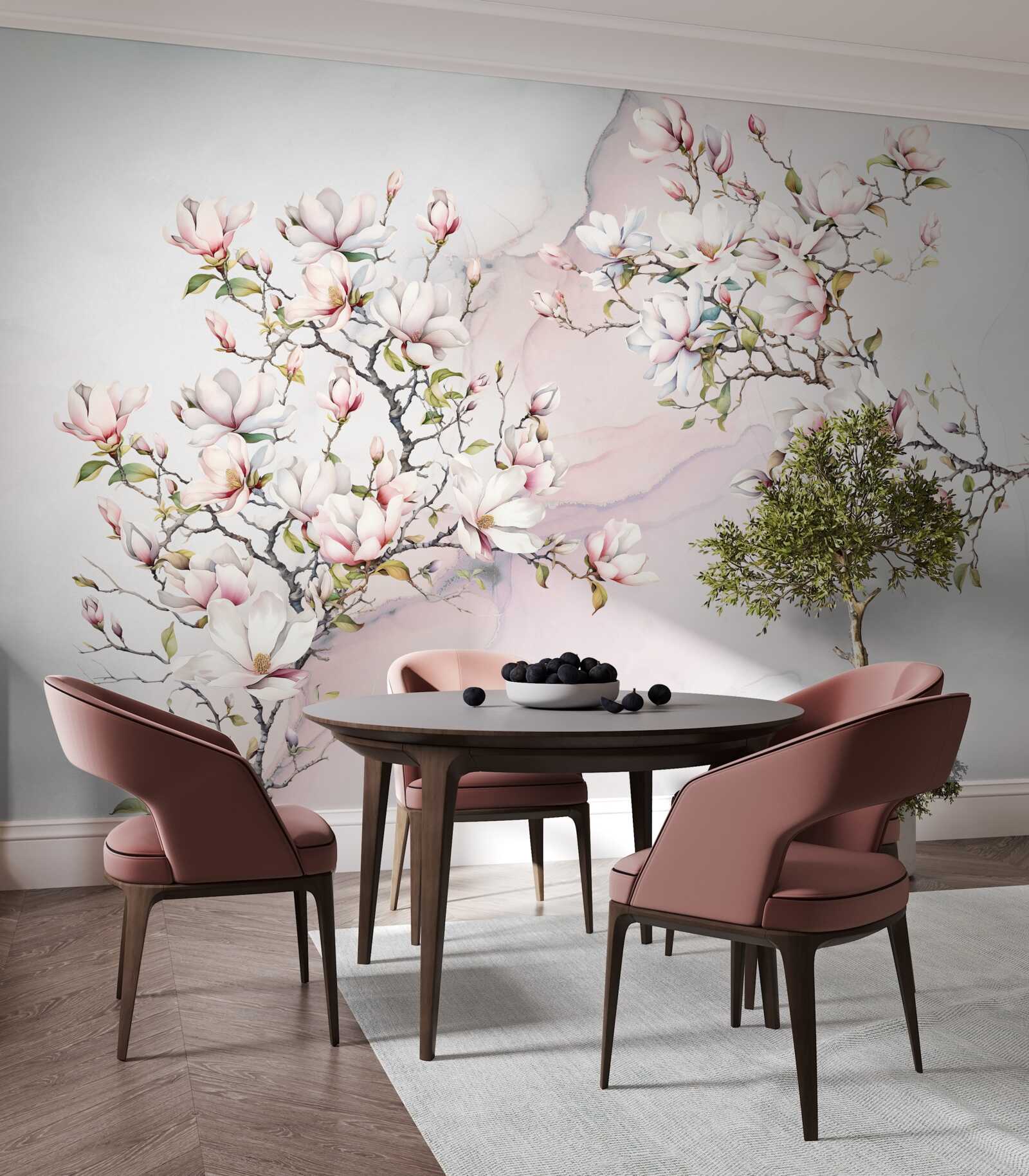 Fotobehang De takken van de witte en roze magnolia zijn sierlijk en mooi