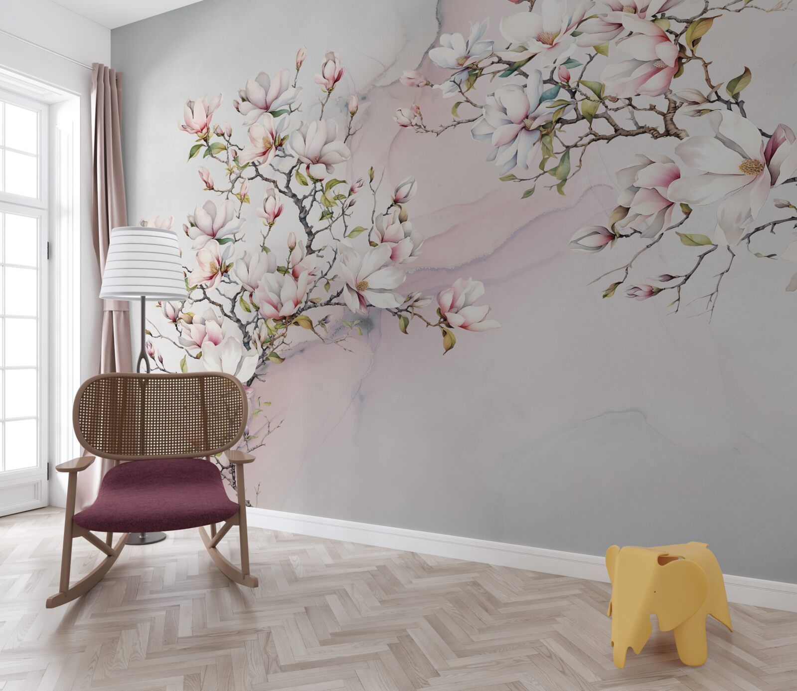 Fotobehang De takken van de witte en roze magnolia zijn sierlijk en mooi