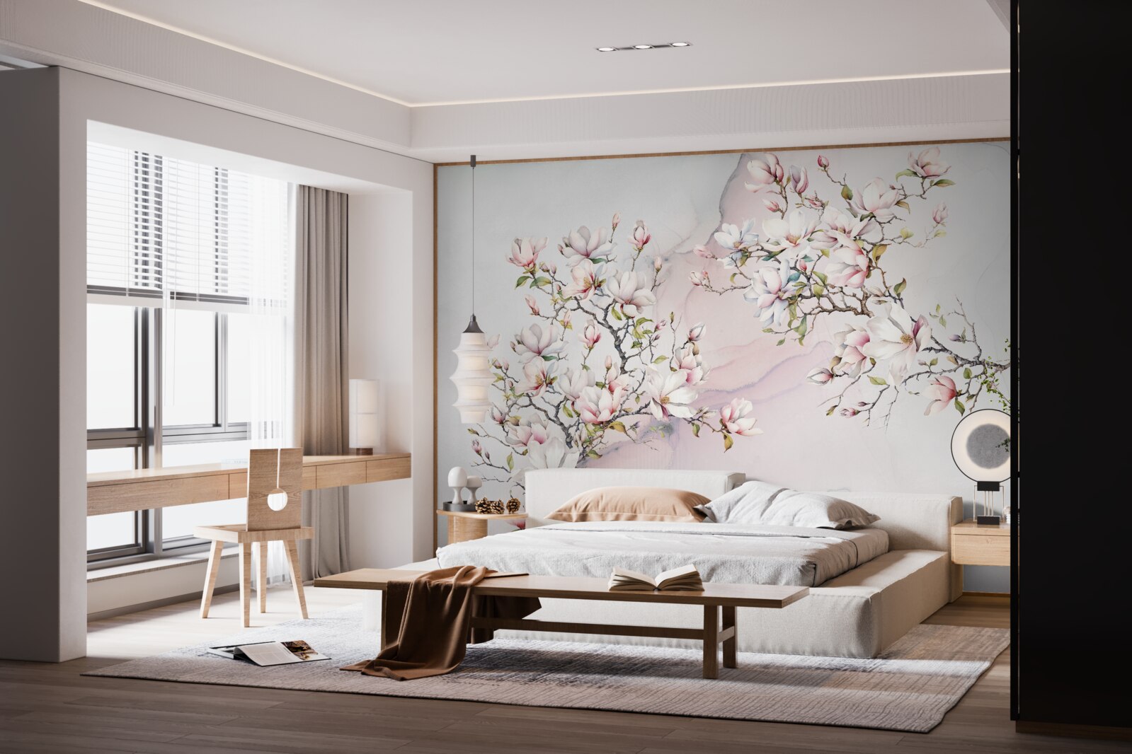 Fotobehang De takken van de witte en roze magnolia zijn sierlijk en mooi