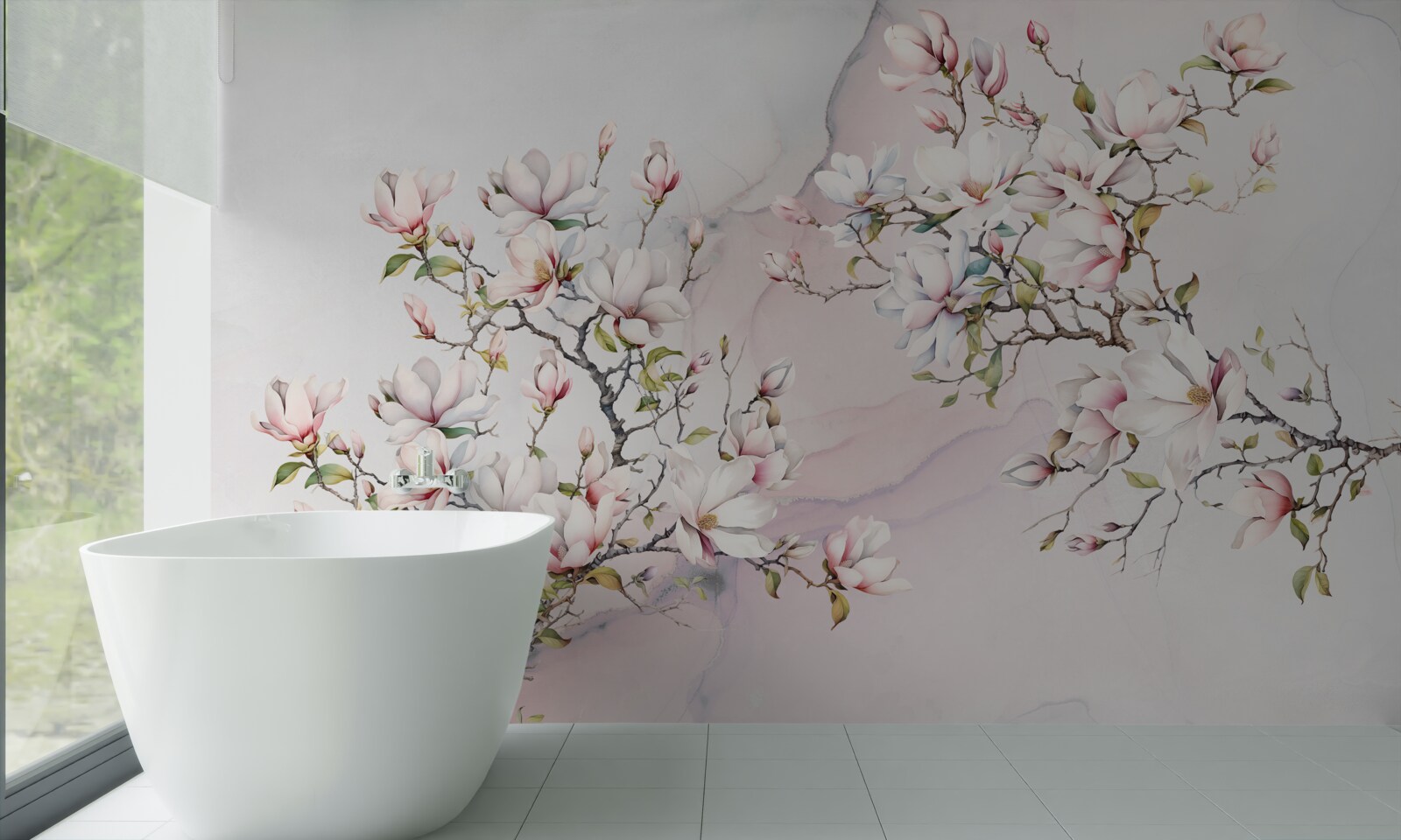 Fotobehang De takken van de witte en roze magnolia zijn sierlijk en mooi