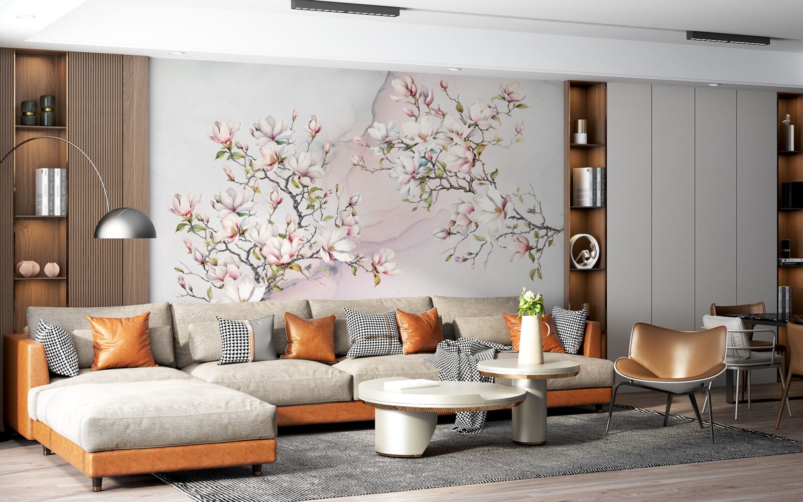 Fotobehang De takken van de witte en roze magnolia zijn sierlijk en mooi