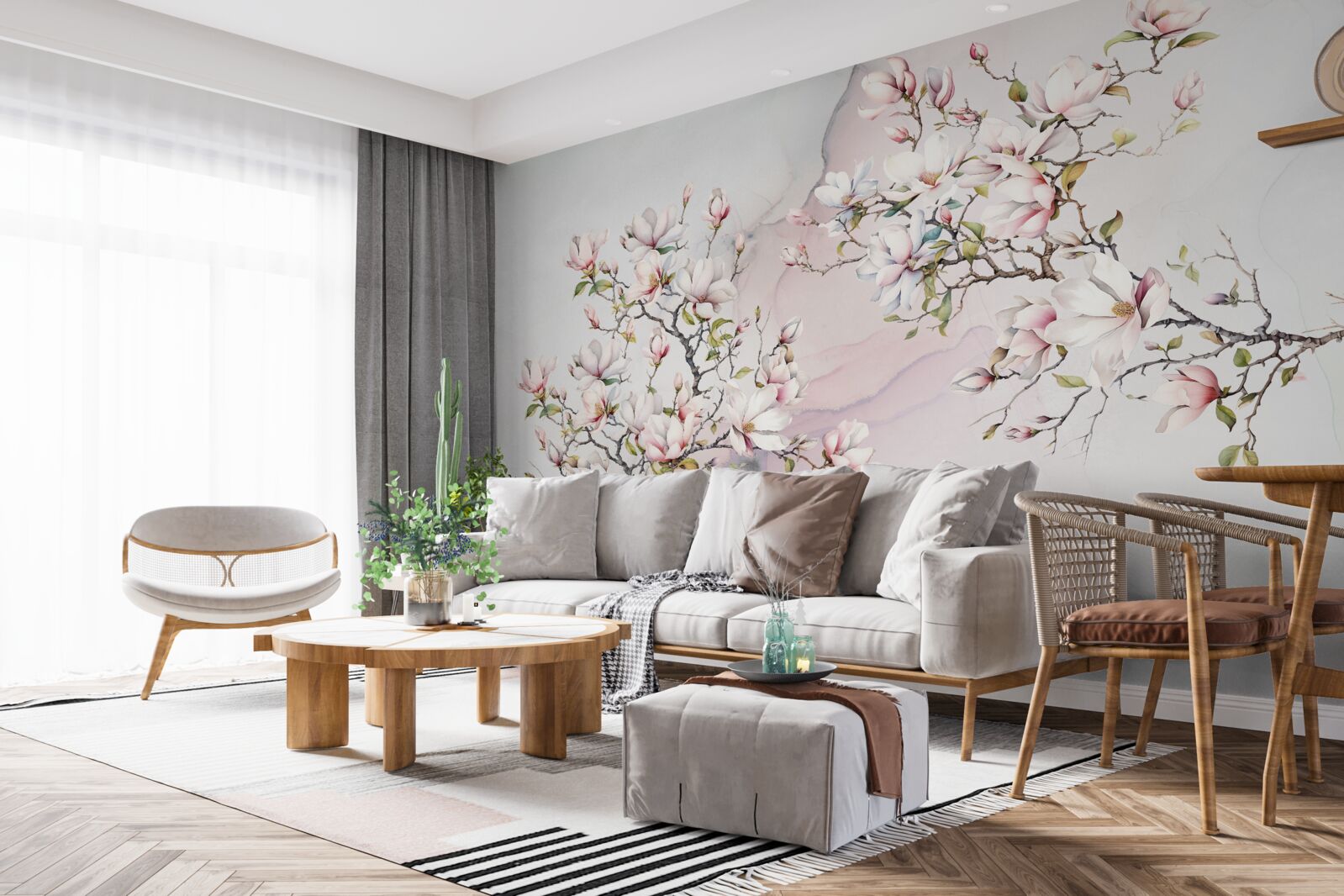 Fotobehang De takken van de witte en roze magnolia zijn sierlijk en mooi