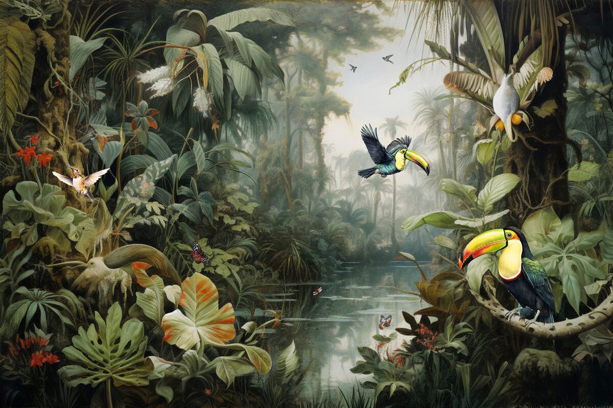 Fotobehang tropisch struikgewas bij de vijver