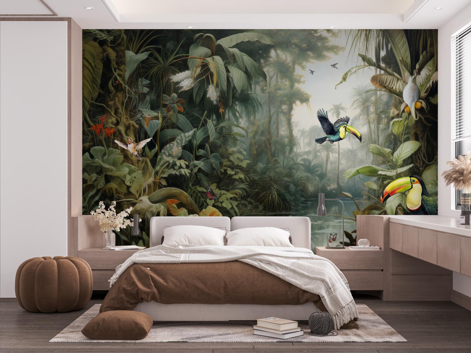 Fotobehang tropisch struikgewas bij de vijver