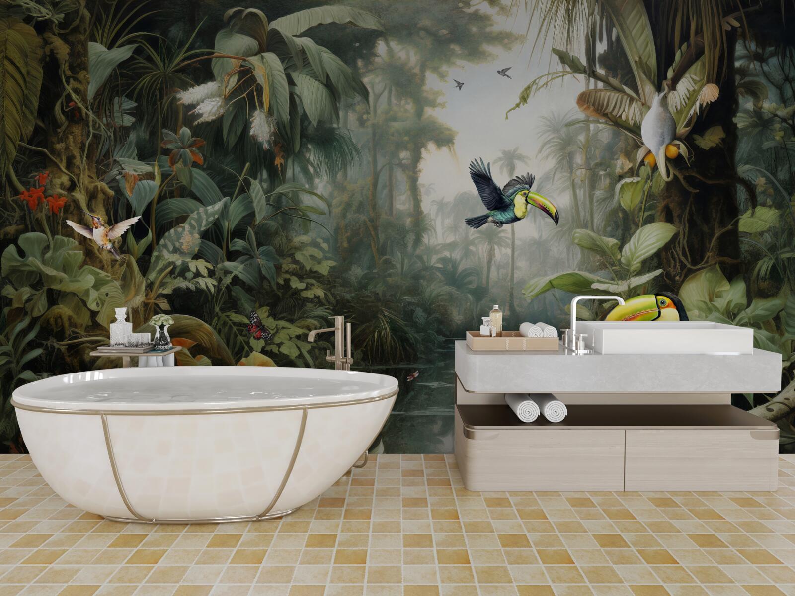 Fotobehang tropisch struikgewas bij de vijver