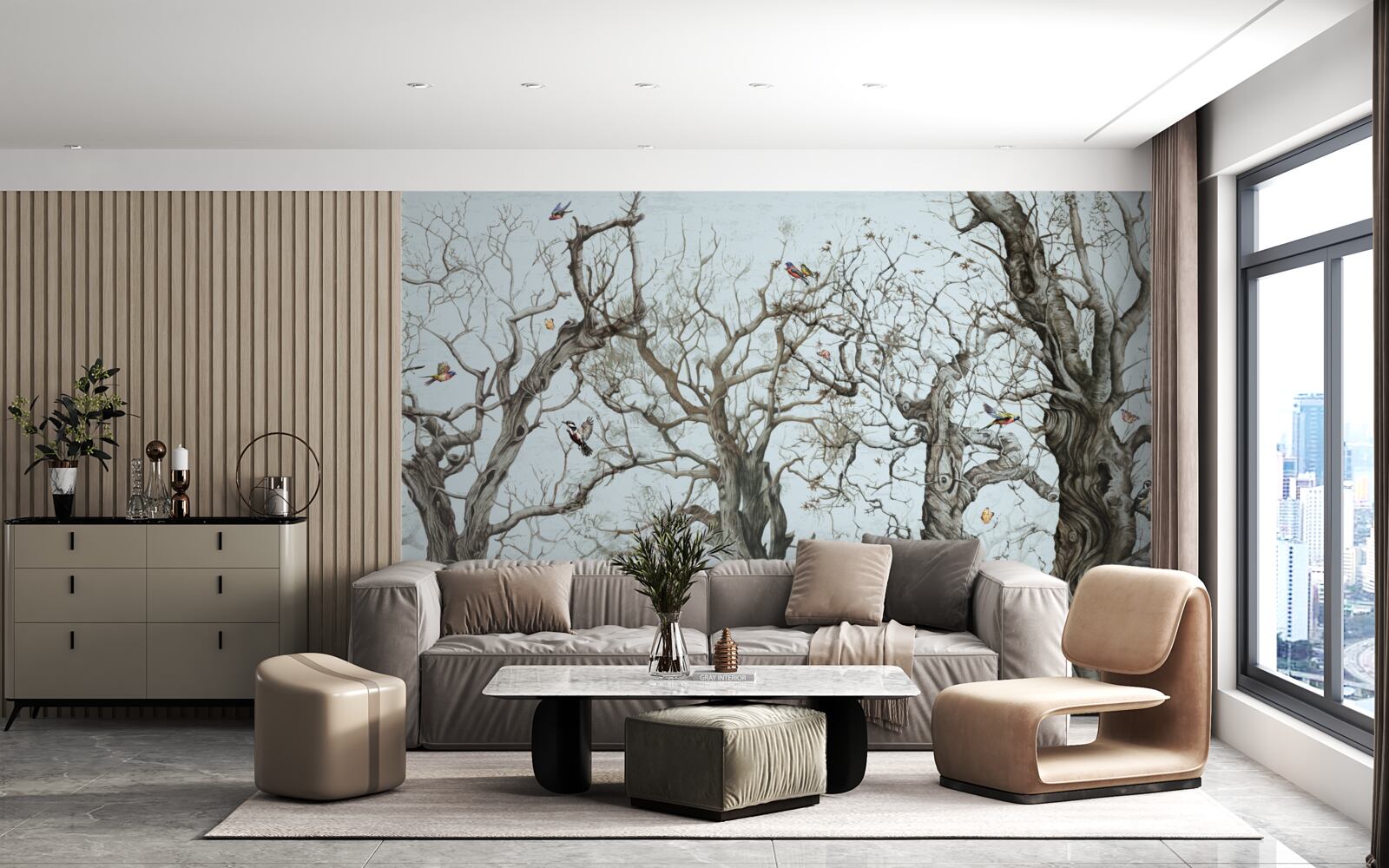 Fotobehang bomen in de herfst die hun bladeren hebben laten vallen