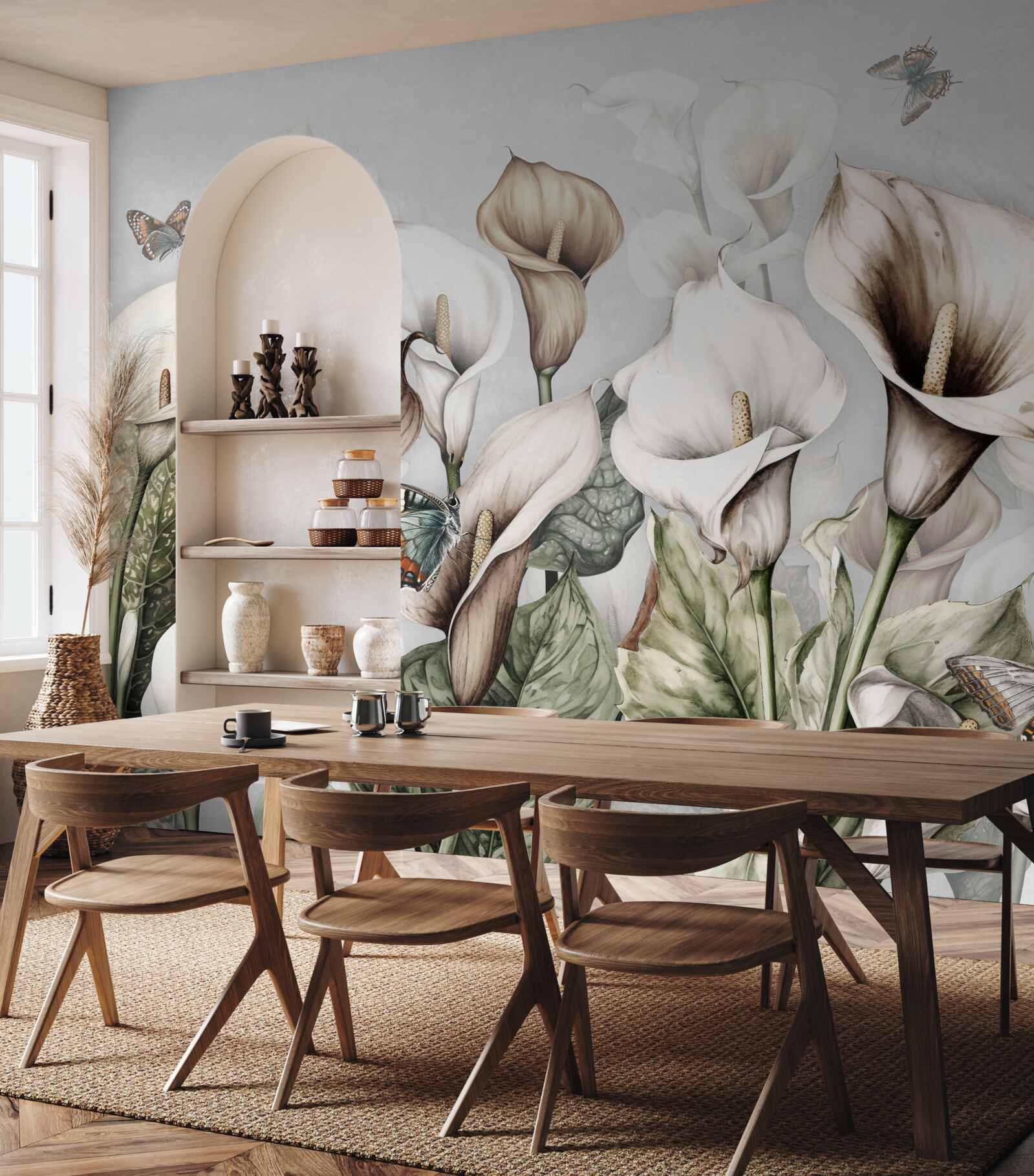 Fotobehang boerenkool is wit en bruin met vlinders