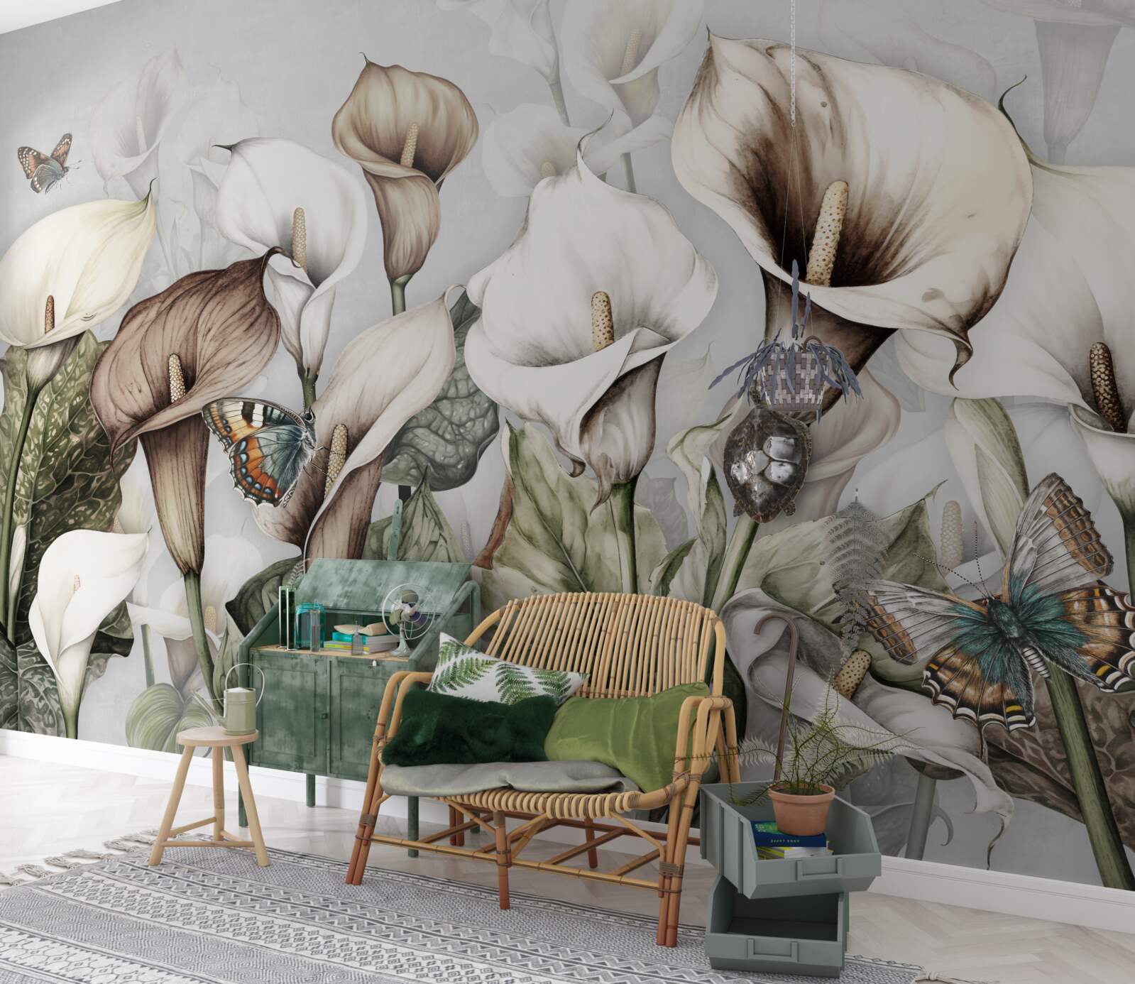 Fotobehang boerenkool is wit en bruin met vlinders