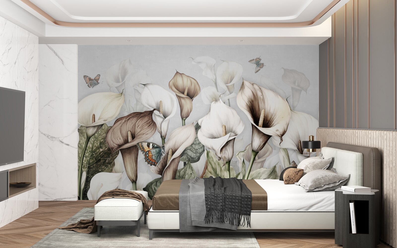 Fotobehang boerenkool is wit en bruin met vlinders