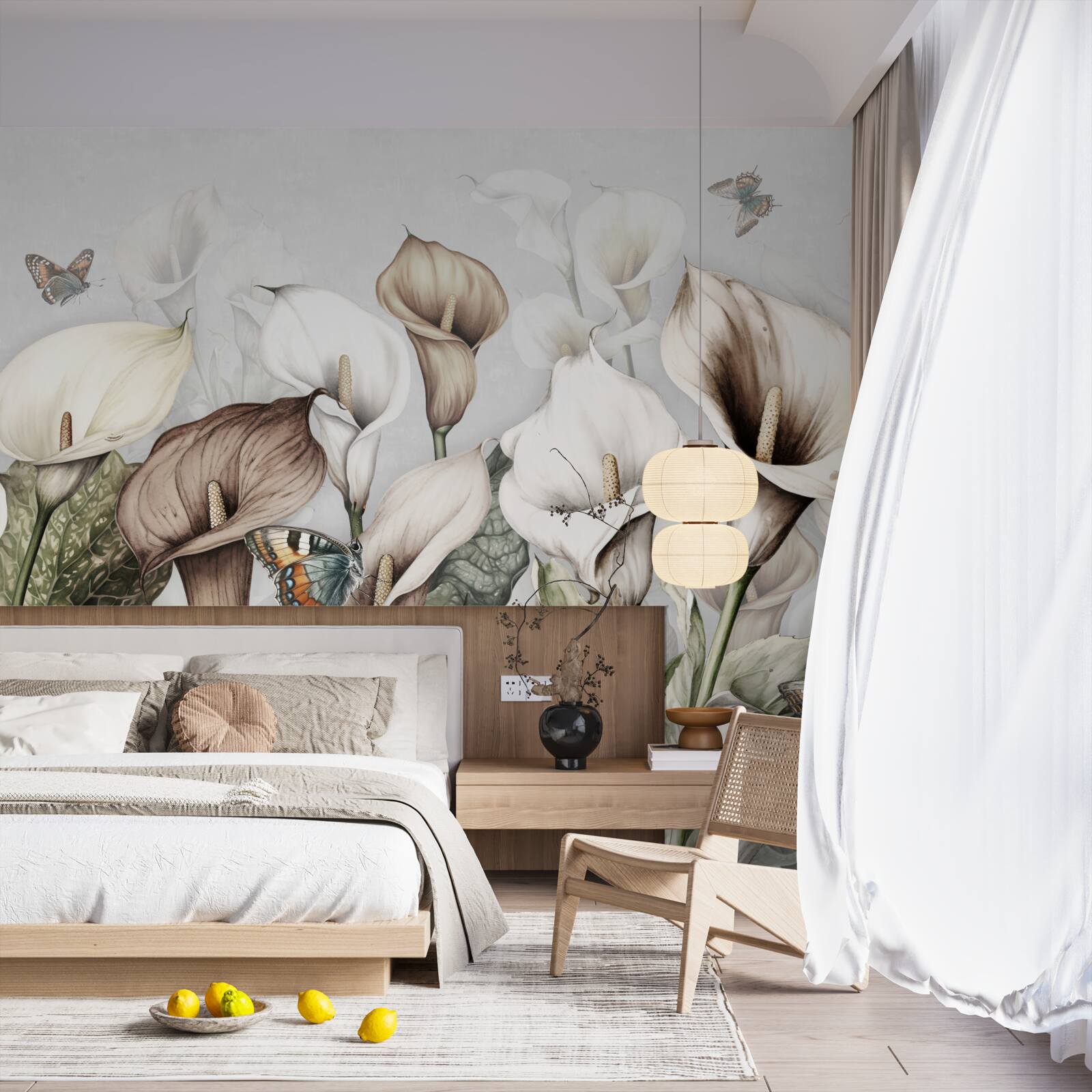 Fotobehang boerenkool is wit en bruin met vlinders