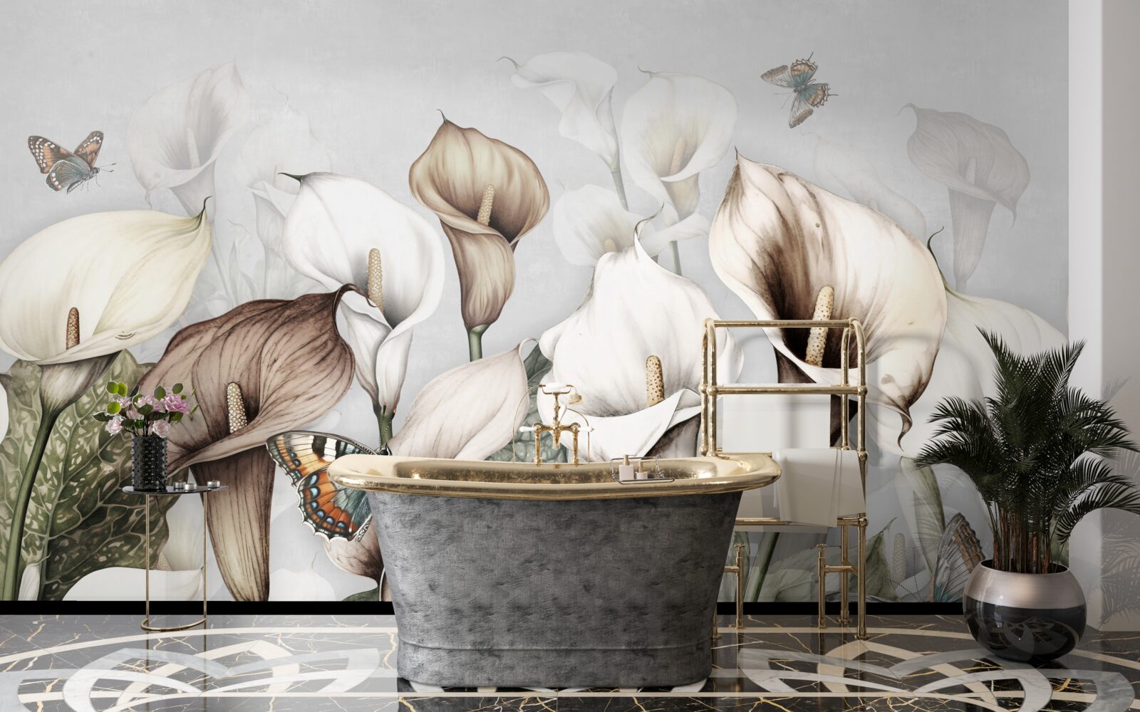 Fotobehang boerenkool is wit en bruin met vlinders