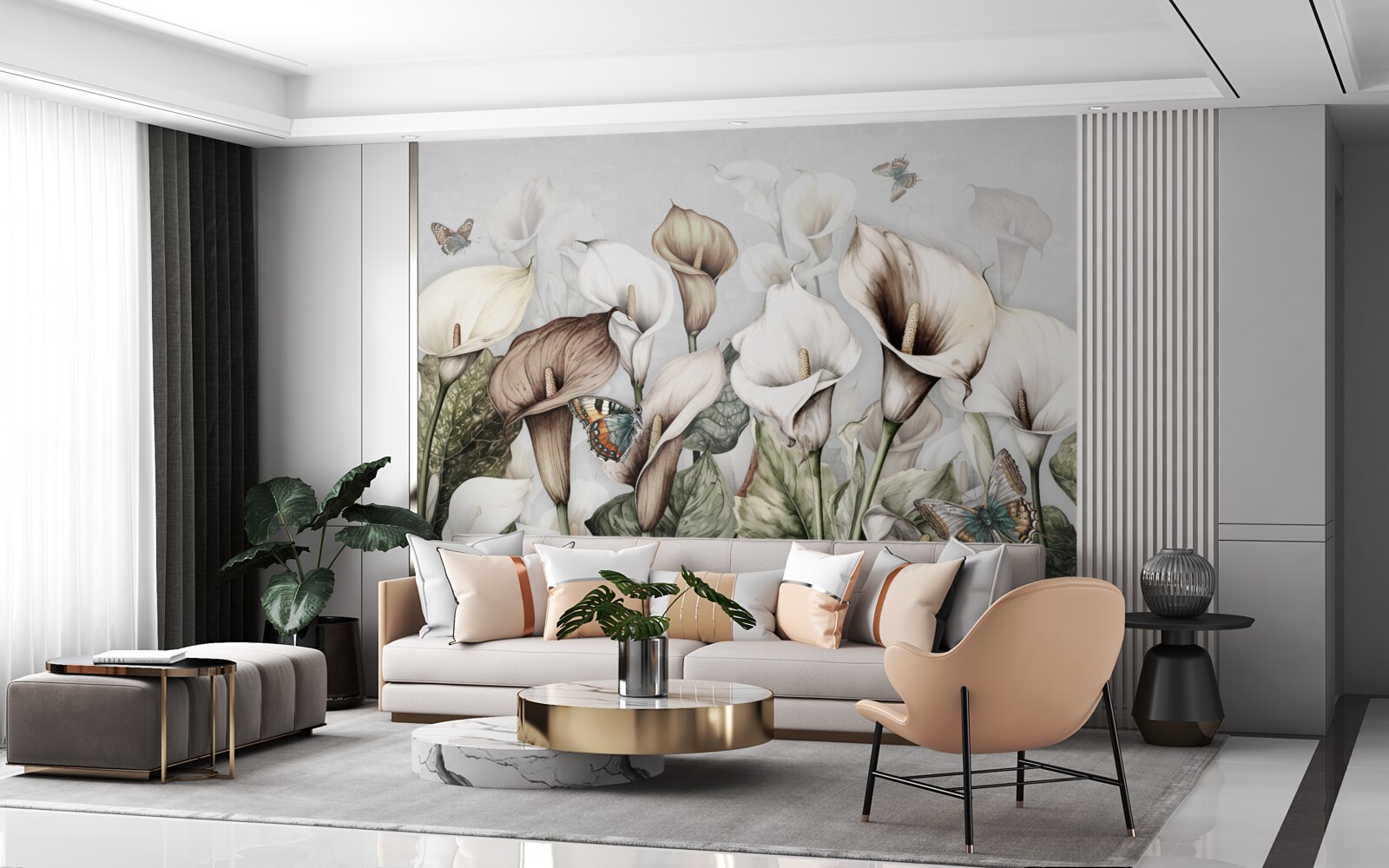 Fotobehang boerenkool is wit en bruin met vlinders