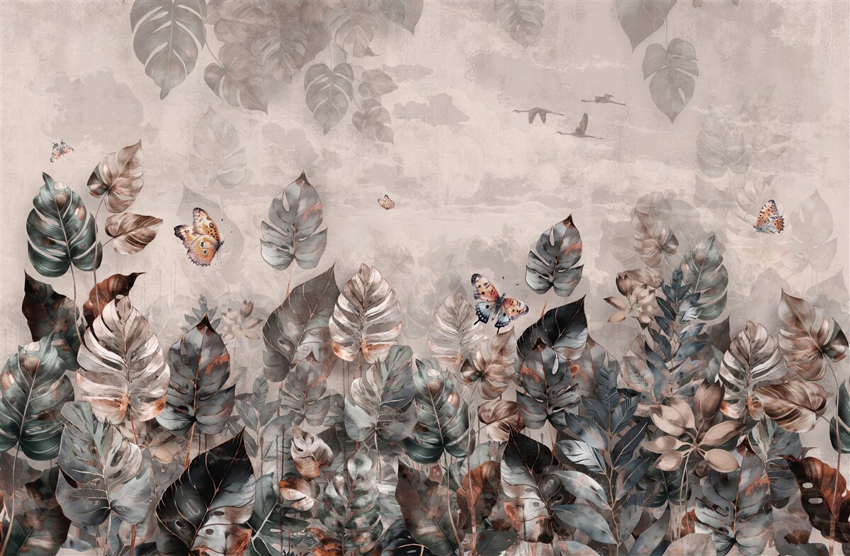 Fotobehang tropische planten met vlinders en vogels