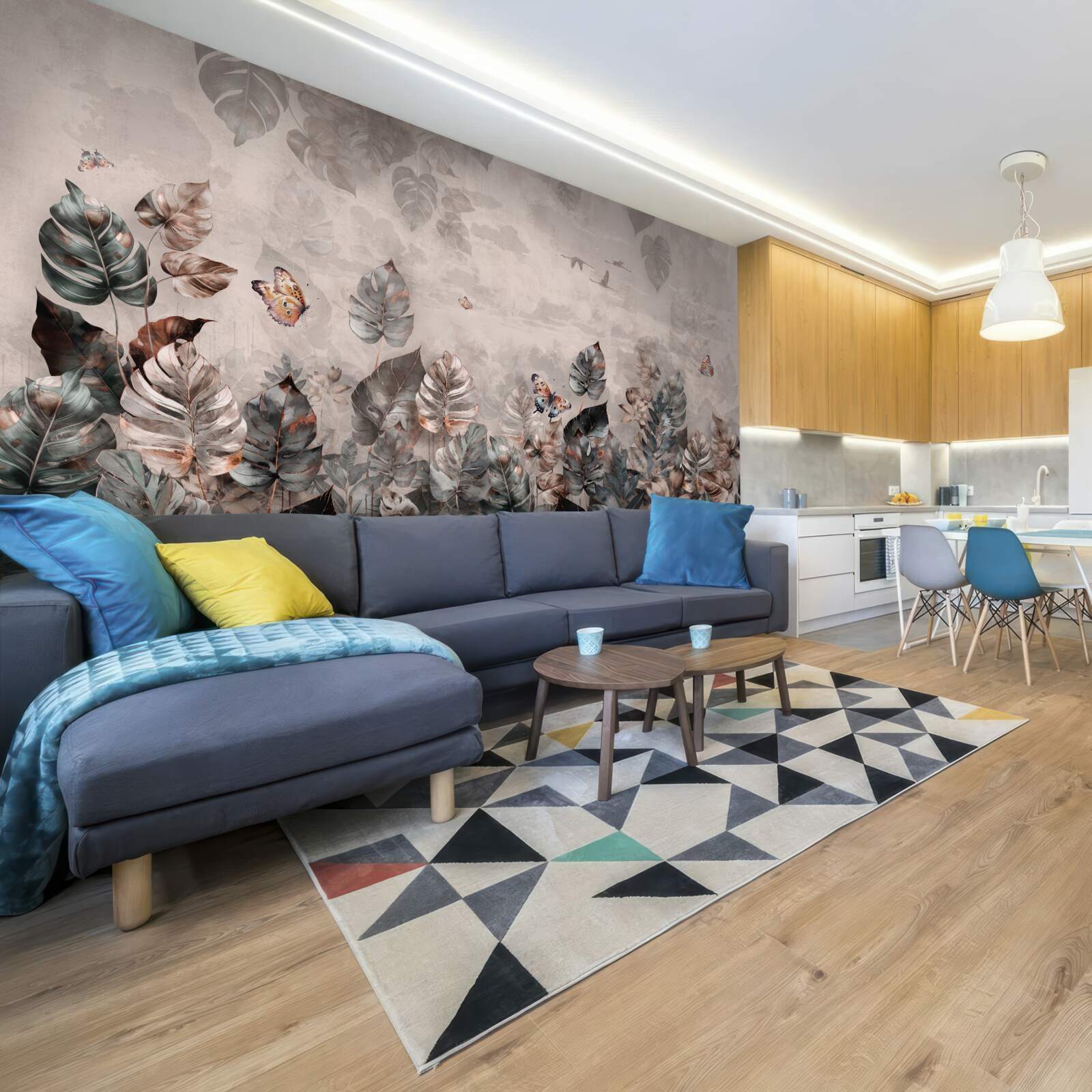 Fotobehang tropische planten met vlinders en vogels