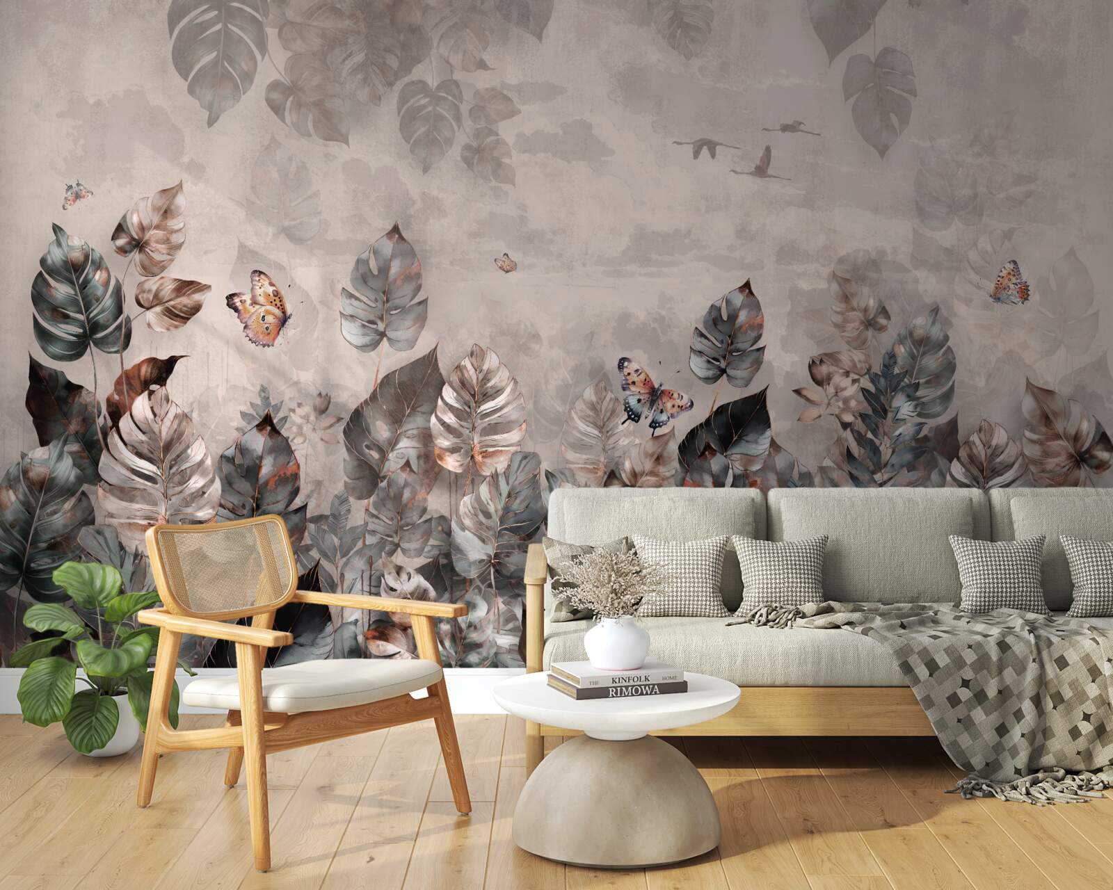 Fotobehang tropische planten met vlinders en vogels