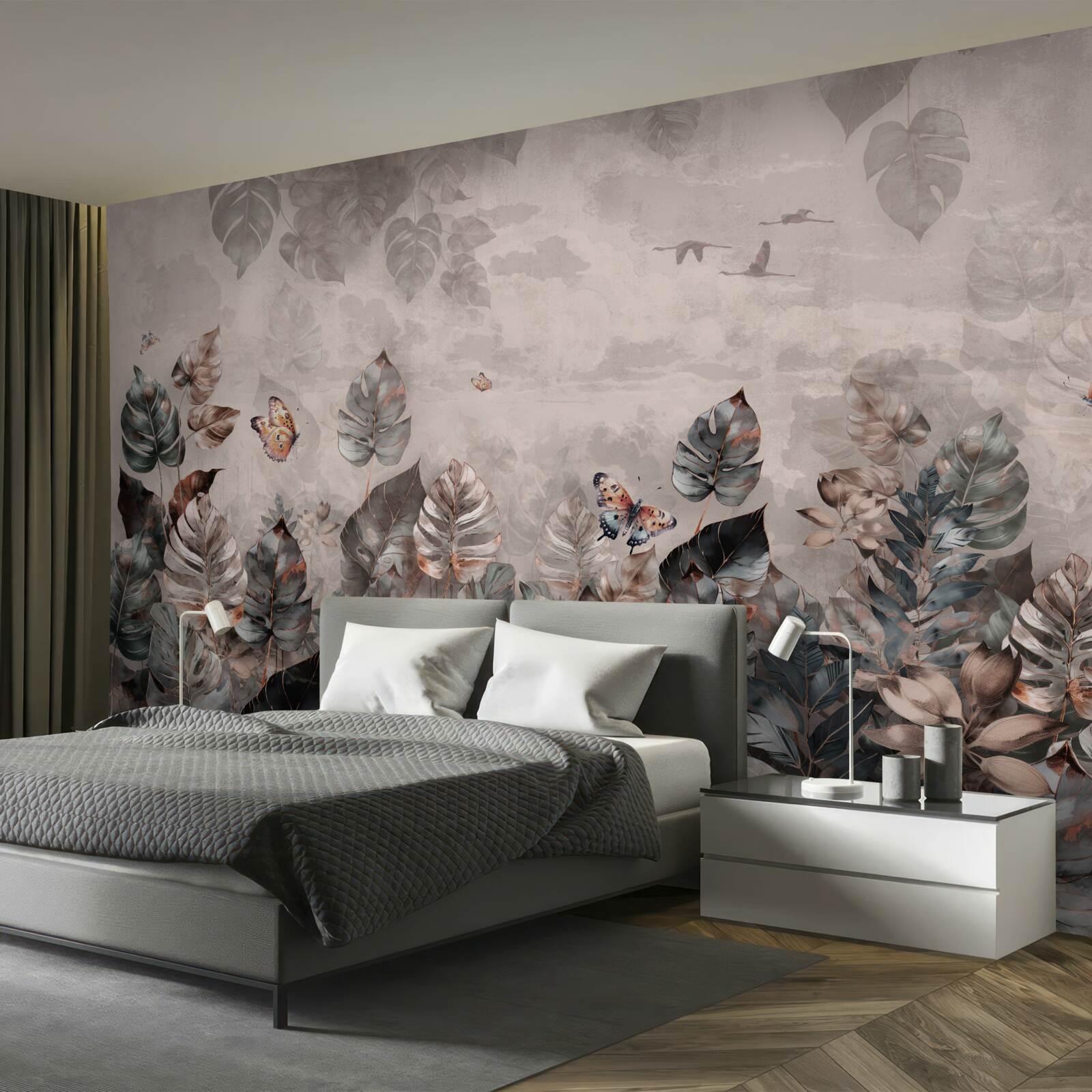 Fotobehang tropische planten met vlinders en vogels