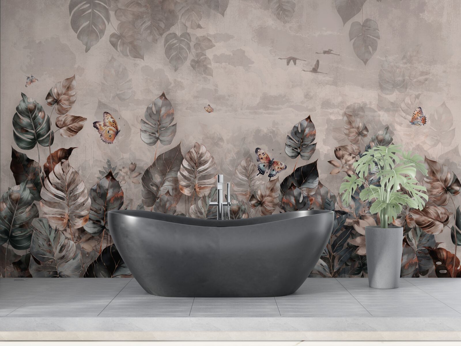 Fotobehang tropische planten met vlinders en vogels