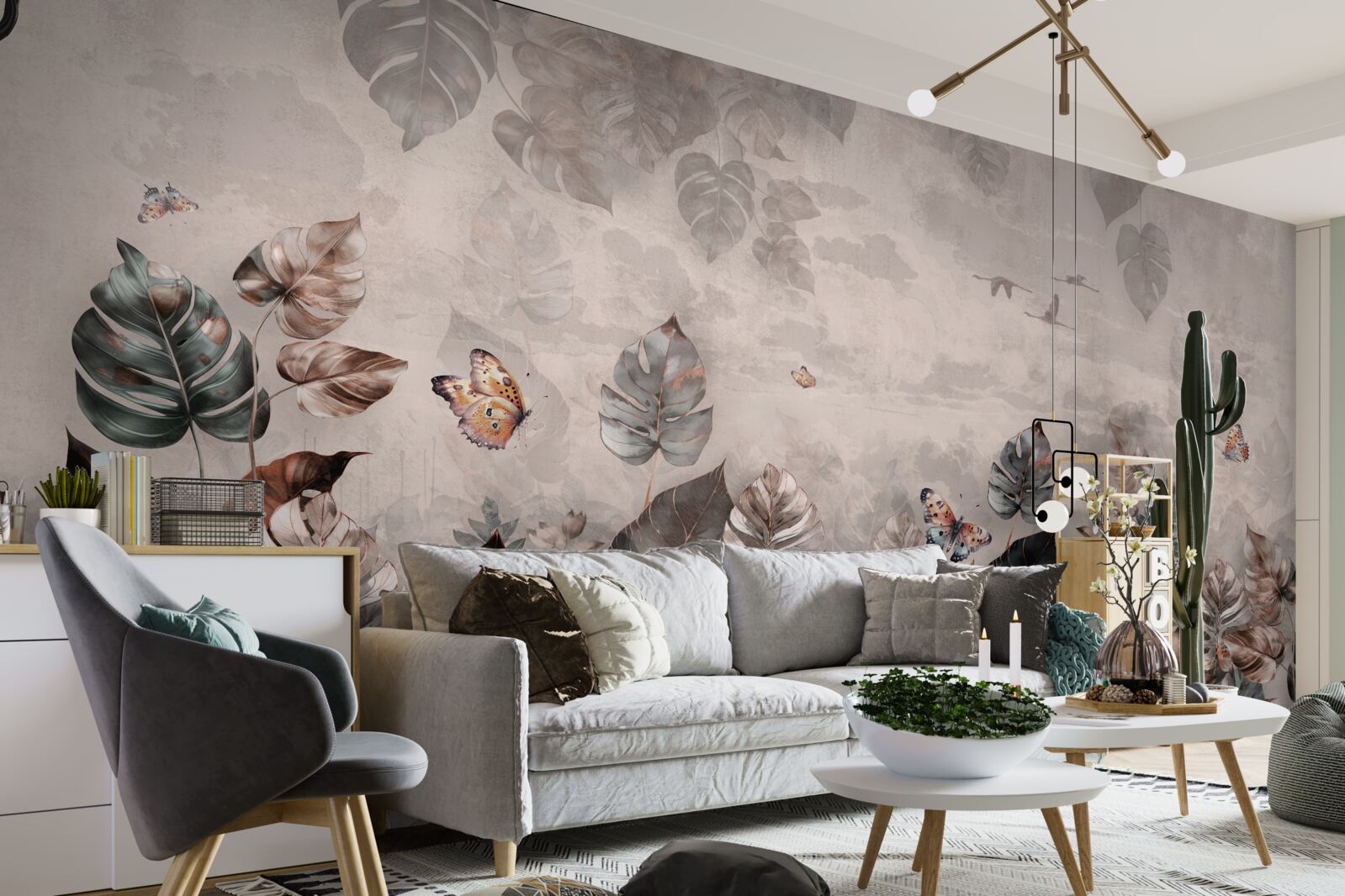 Fotobehang tropische planten met vlinders en vogels