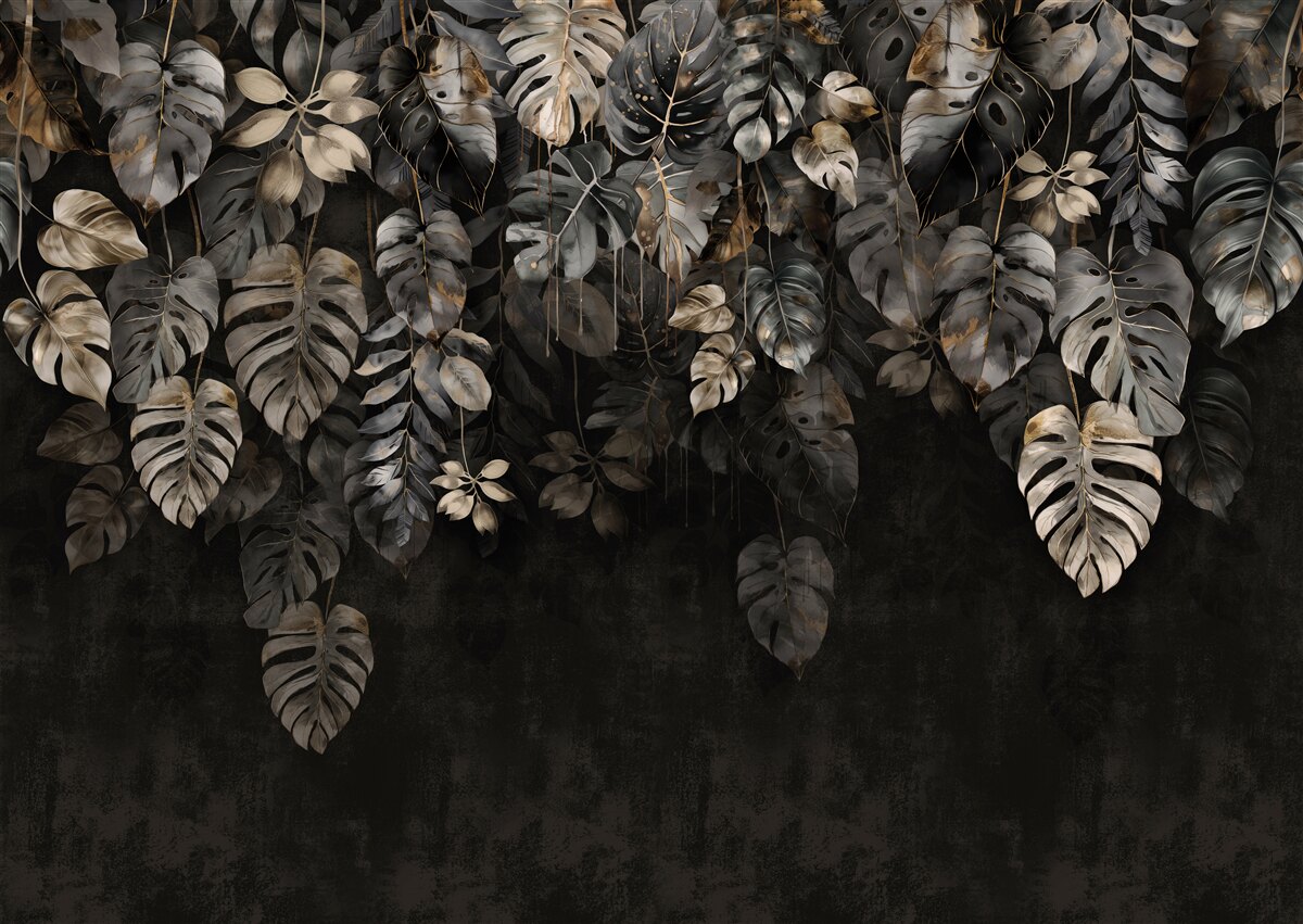 Fotobehang grote monstera bladeren bij nacht