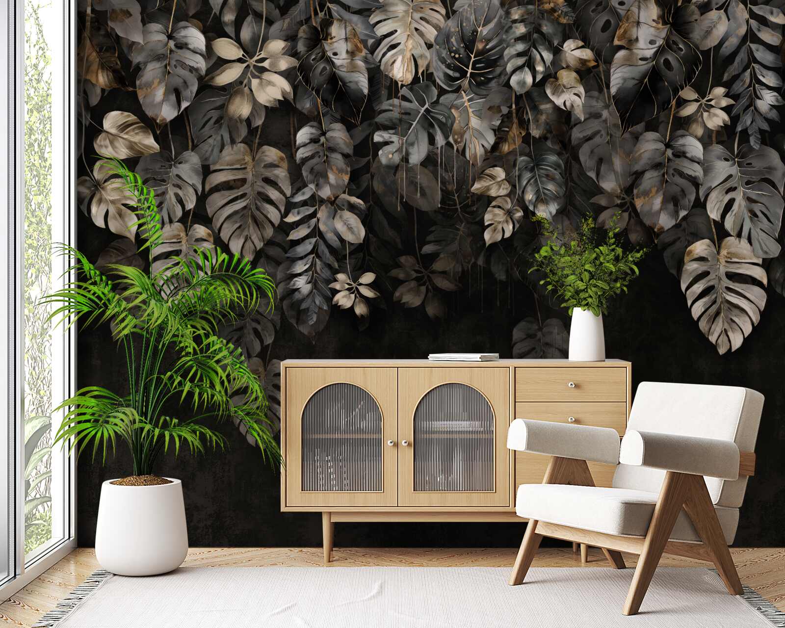 Fotobehang grote monstera bladeren bij nacht