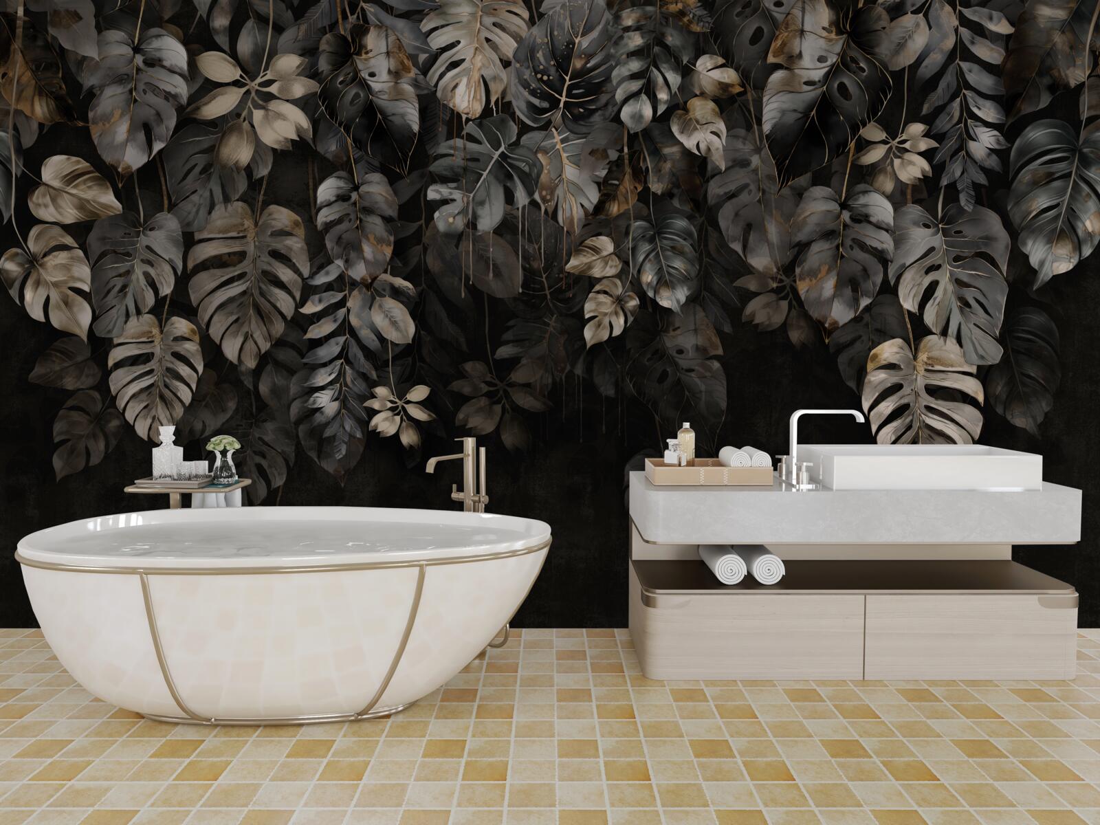 Fotobehang grote monstera bladeren bij nacht