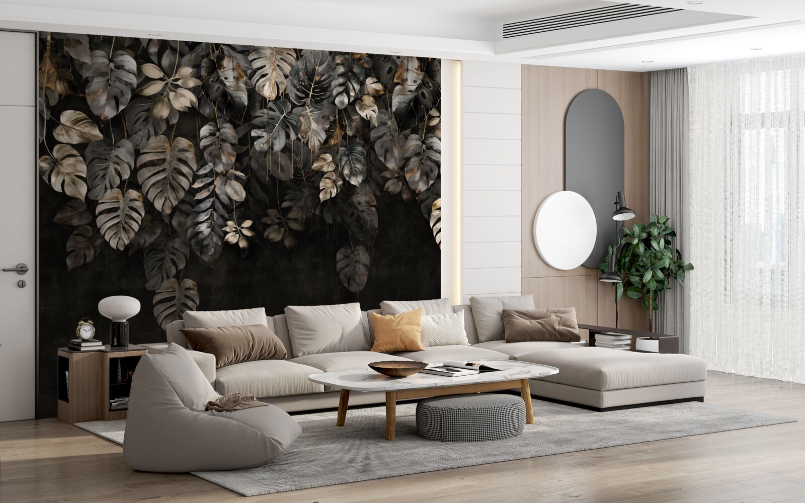 Fotobehang grote monstera bladeren bij nacht