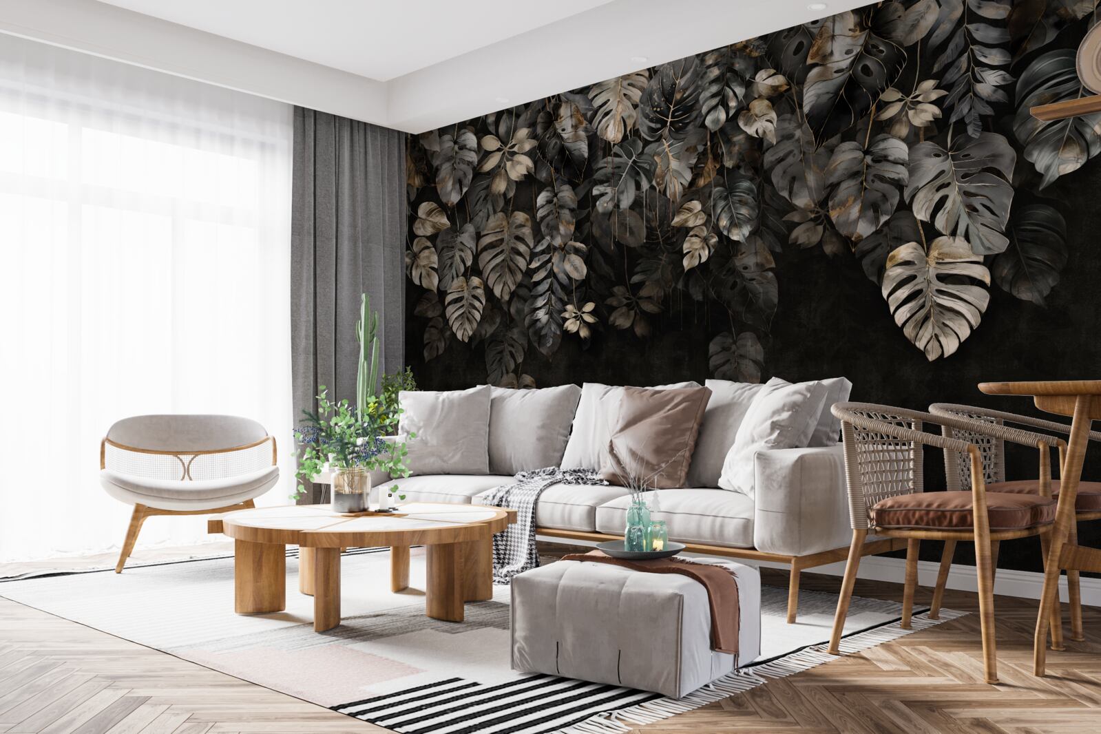 Fotobehang grote monstera bladeren bij nacht