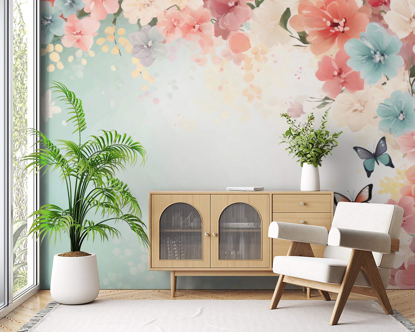 Fotobehang sierlijke bloemencomposities en motten