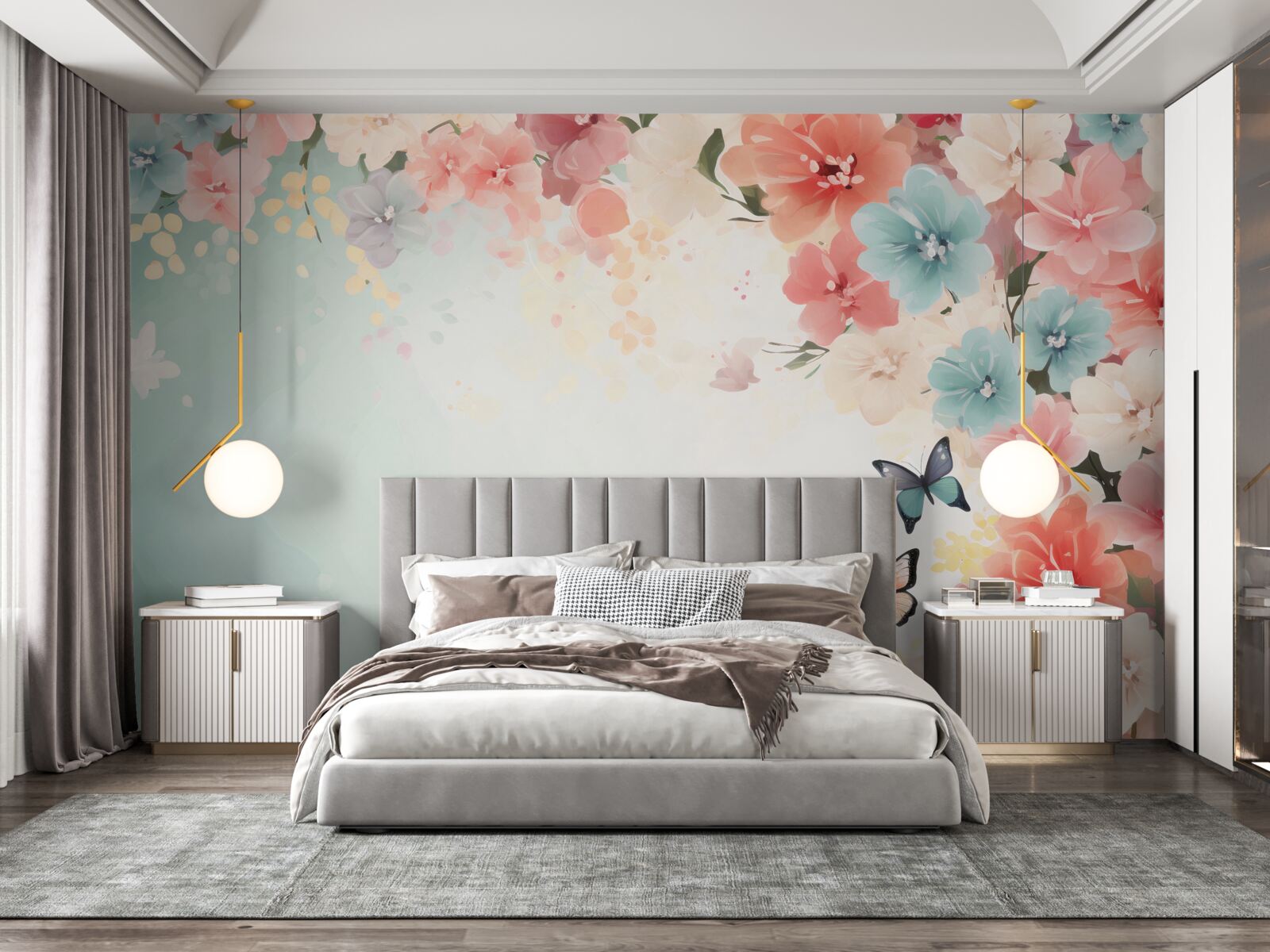 Fotobehang sierlijke bloemencomposities en motten