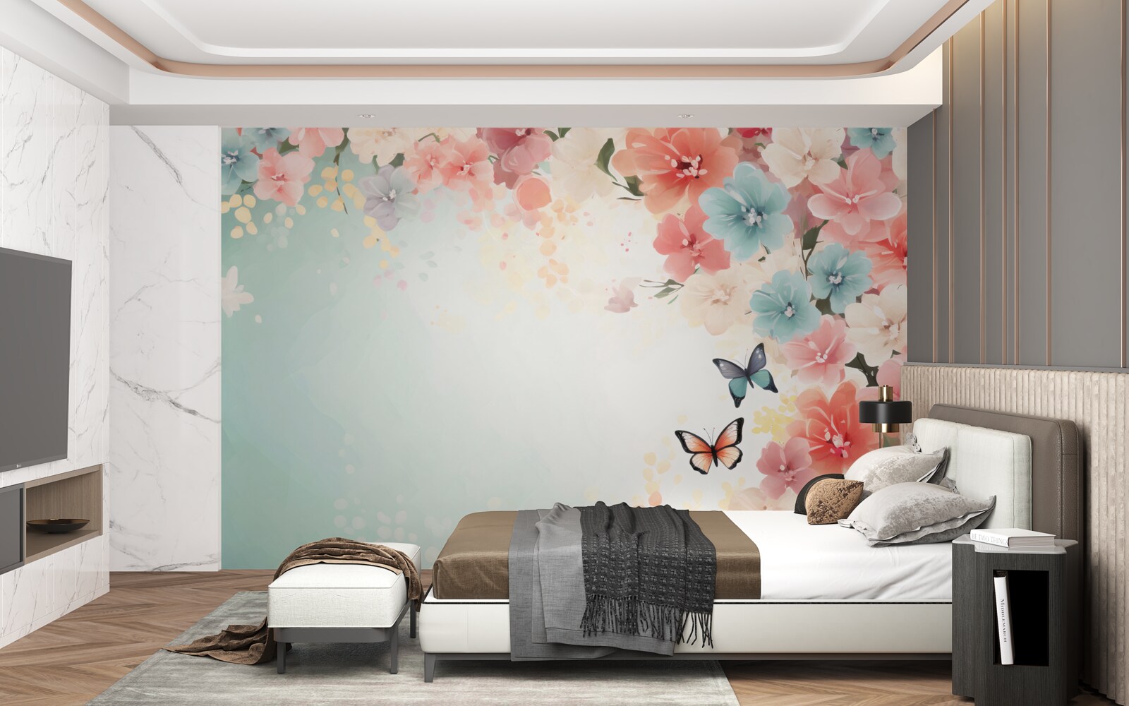 Fotobehang sierlijke bloemencomposities en motten