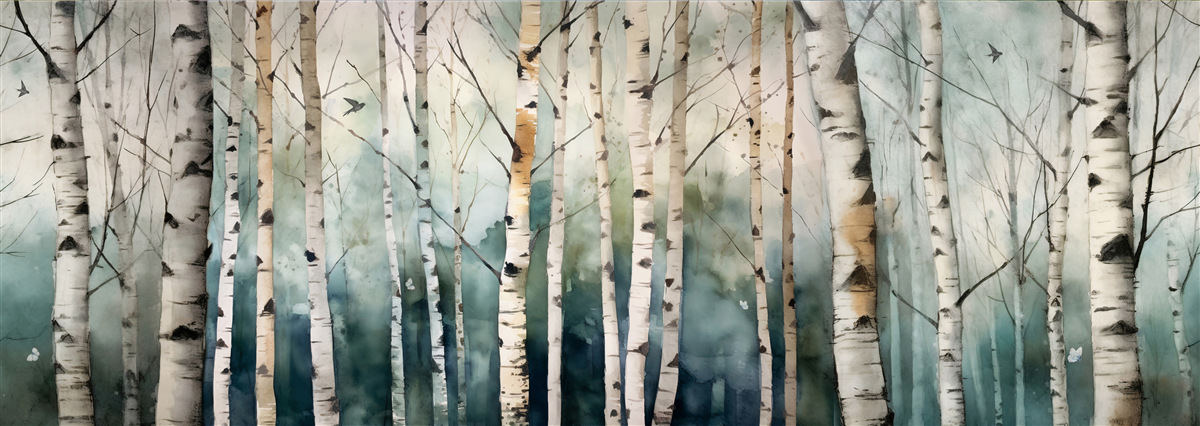 Fotobehang aquarel van een slank berkenbosje