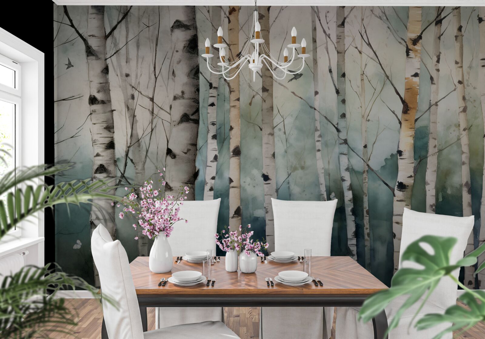 Fotobehang aquarel van een slank berkenbosje