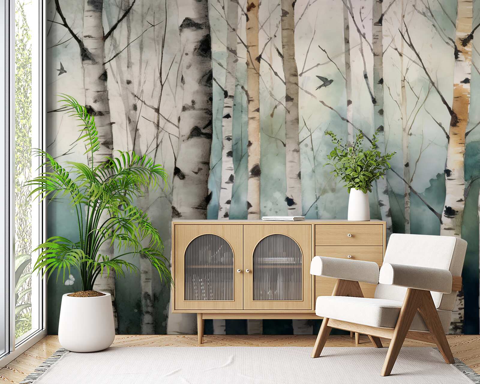 Fotobehang aquarel van een slank berkenbosje