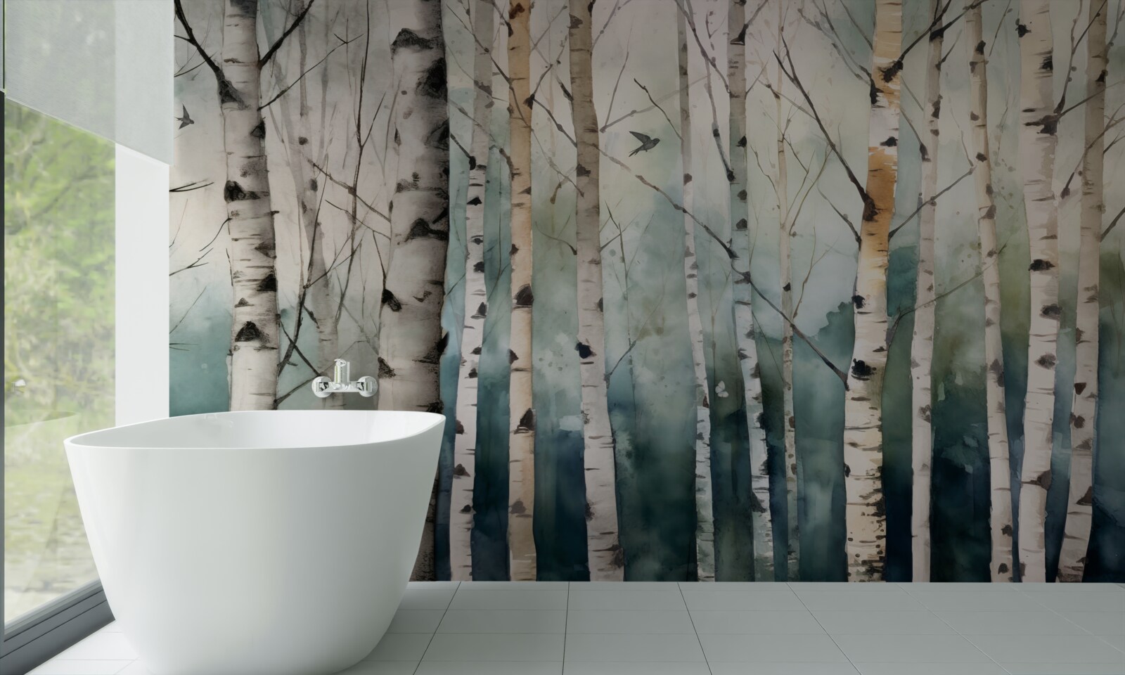 Fotobehang aquarel van een slank berkenbosje