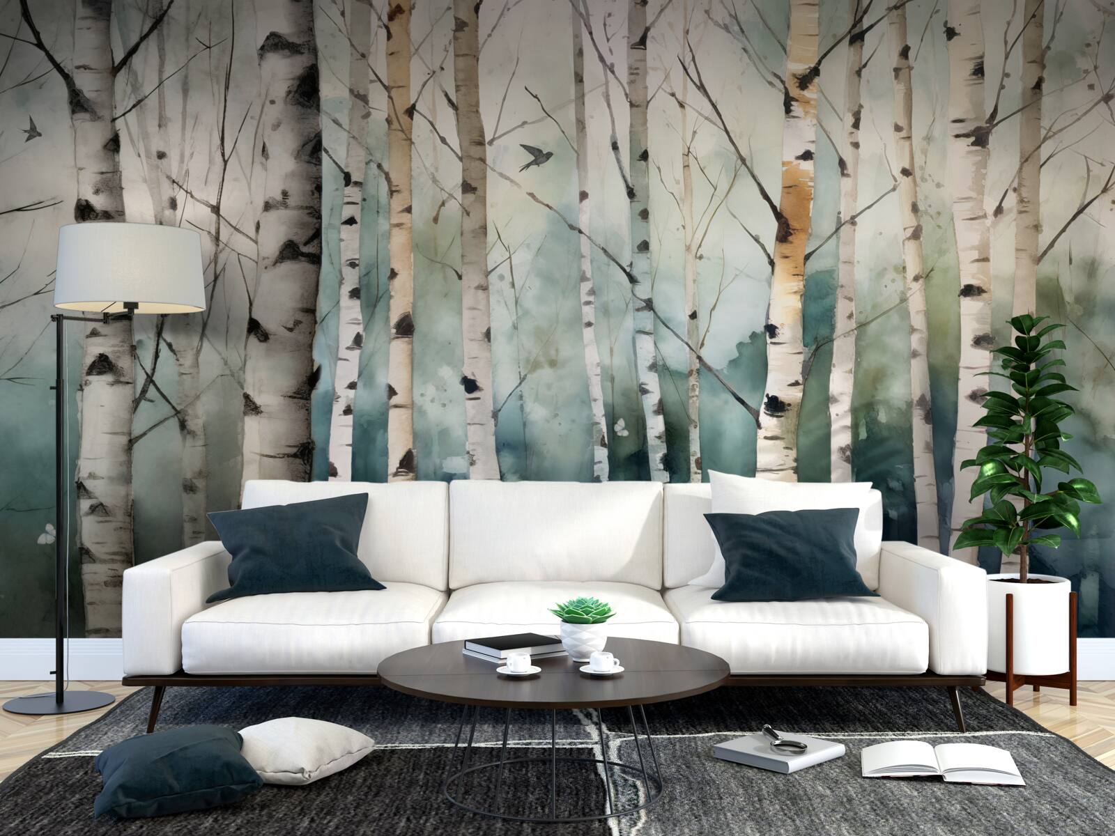 Fotobehang aquarel van een slank berkenbosje