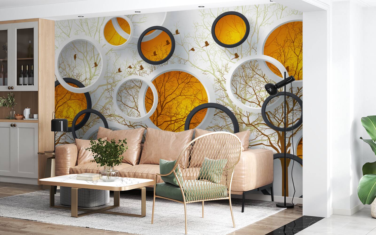 Fotobehang bomen in de herfst en sneeuwwitte cirkels met amberkleurige