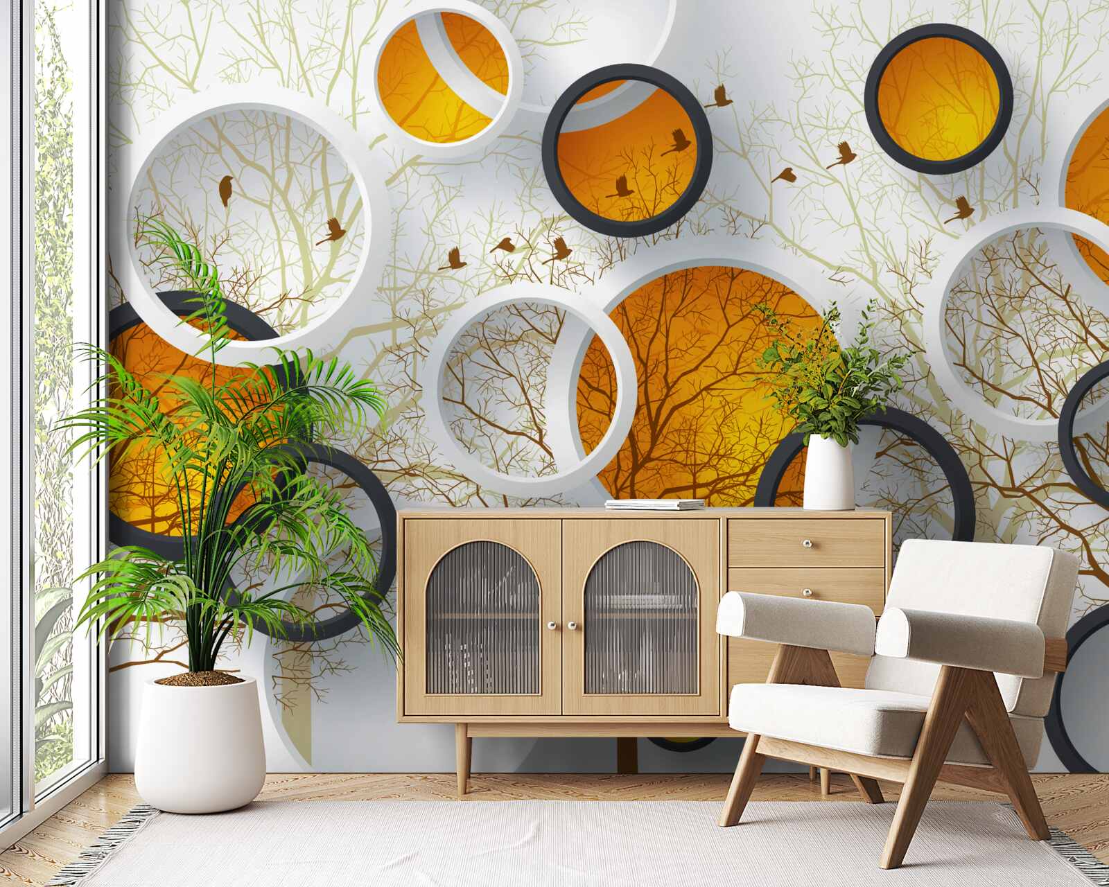 Fotobehang bomen in de herfst en sneeuwwitte cirkels met amberkleurige