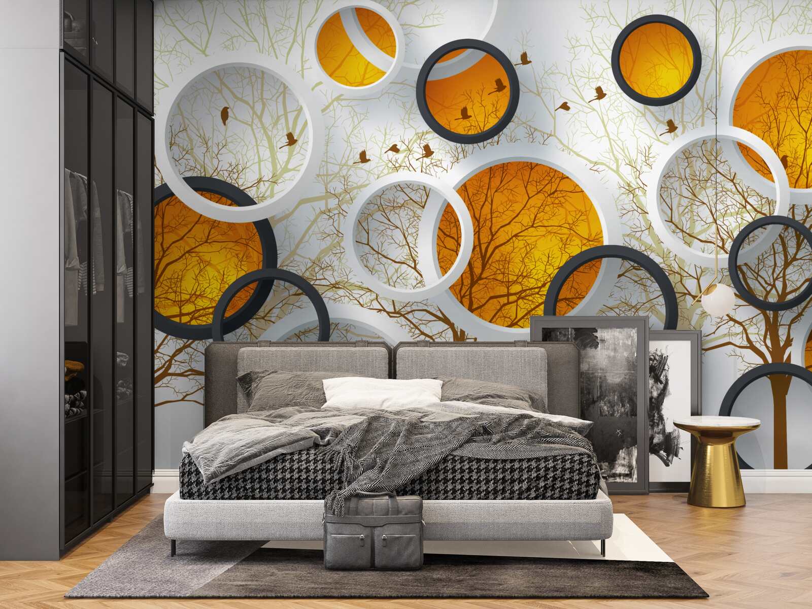 Fotobehang bomen in de herfst en sneeuwwitte cirkels met amberkleurige