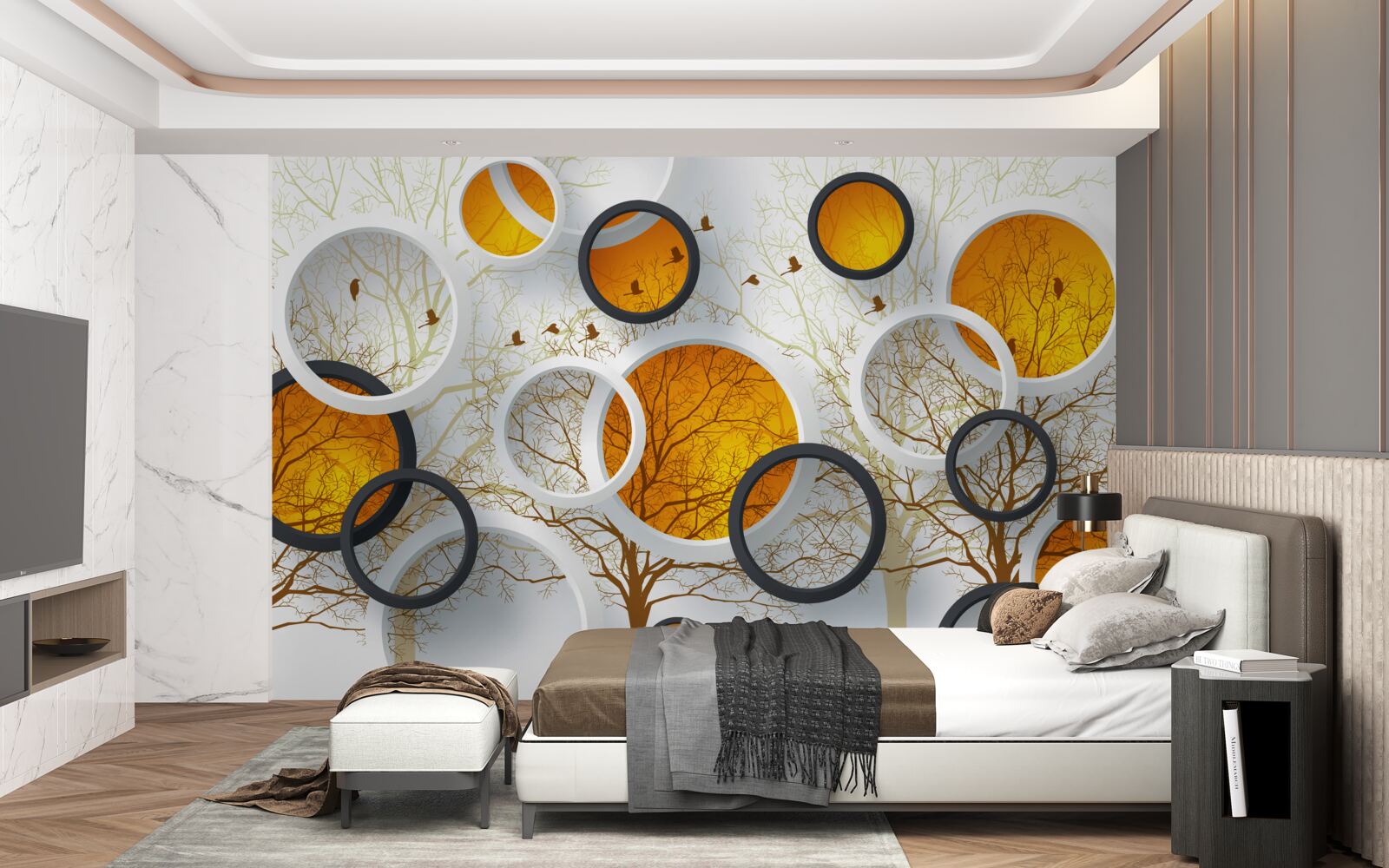 Fotobehang bomen in de herfst en sneeuwwitte cirkels met amberkleurige