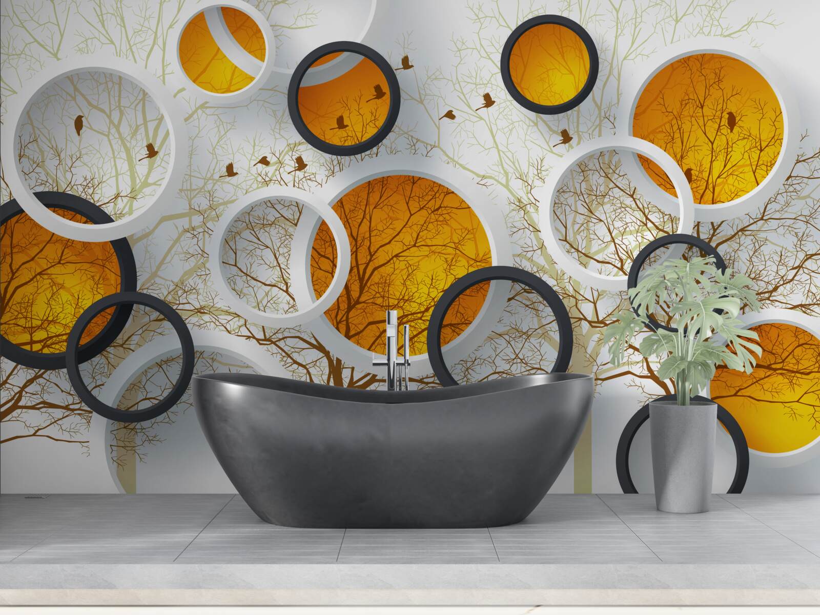 Fotobehang bomen in de herfst en sneeuwwitte cirkels met amberkleurige