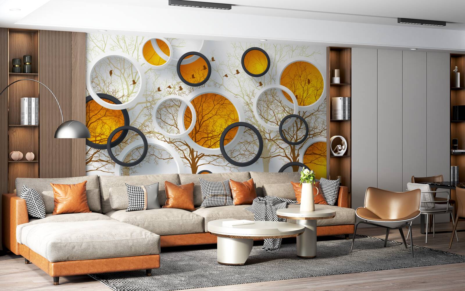 Fotobehang bomen in de herfst en sneeuwwitte cirkels met amberkleurige