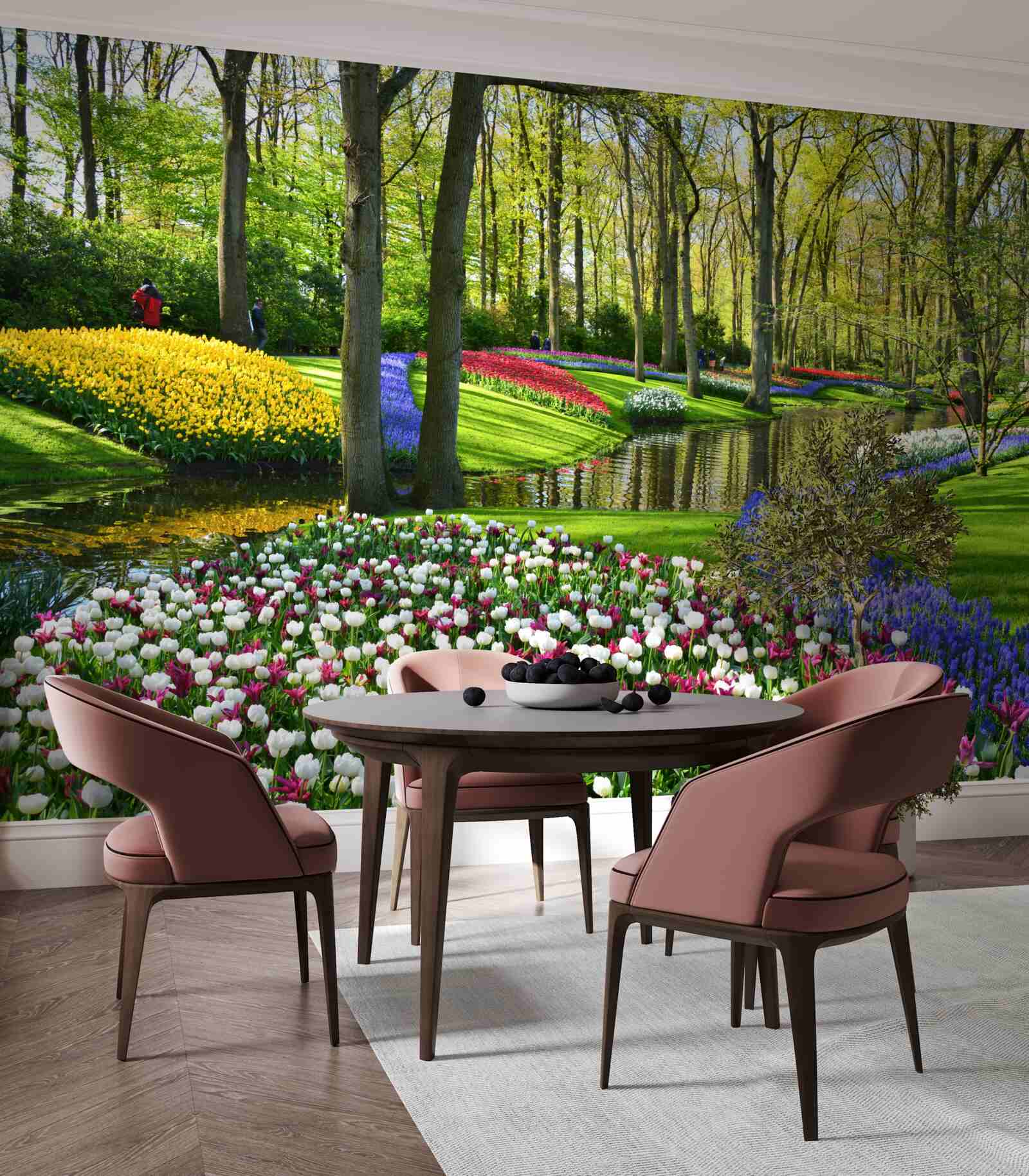 Fotobehang prachtig pad met tulpen bij het water