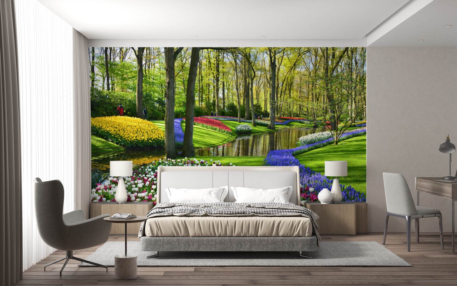 Fotobehang prachtig pad met tulpen bij het water