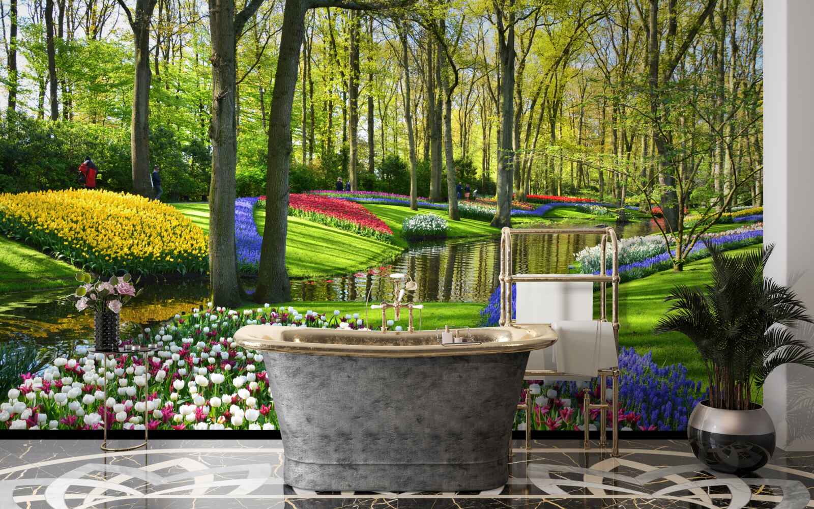 Fotobehang prachtig pad met tulpen bij het water