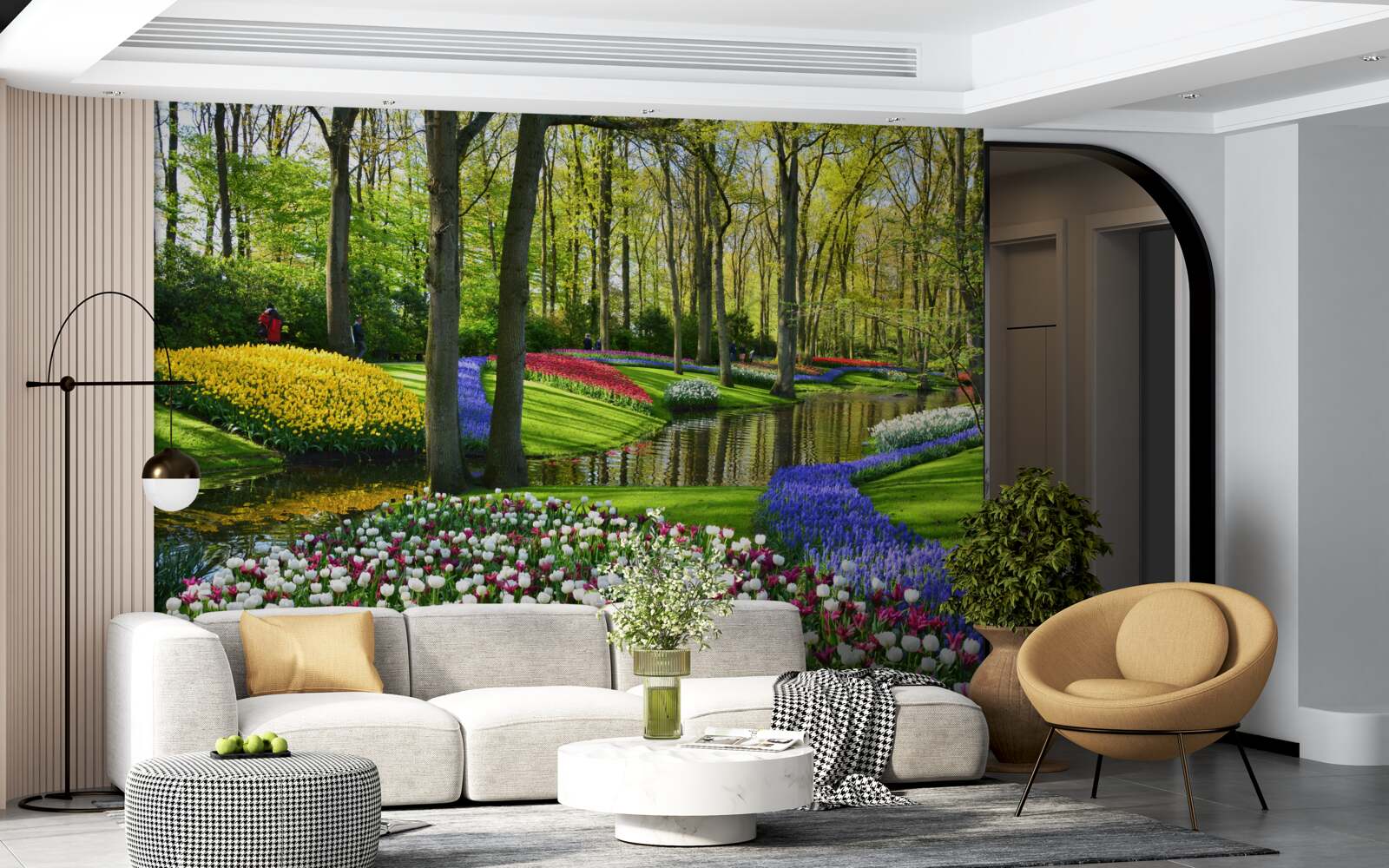 Fotobehang prachtig pad met tulpen bij het water