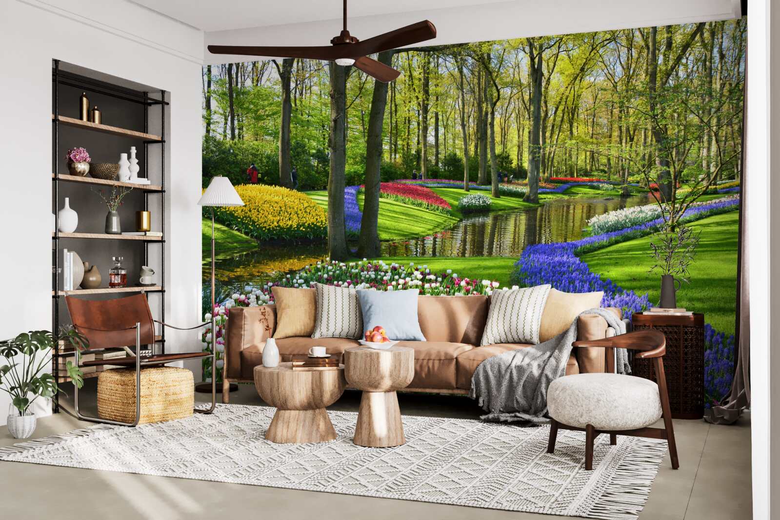 Fotobehang prachtig pad met tulpen bij het water