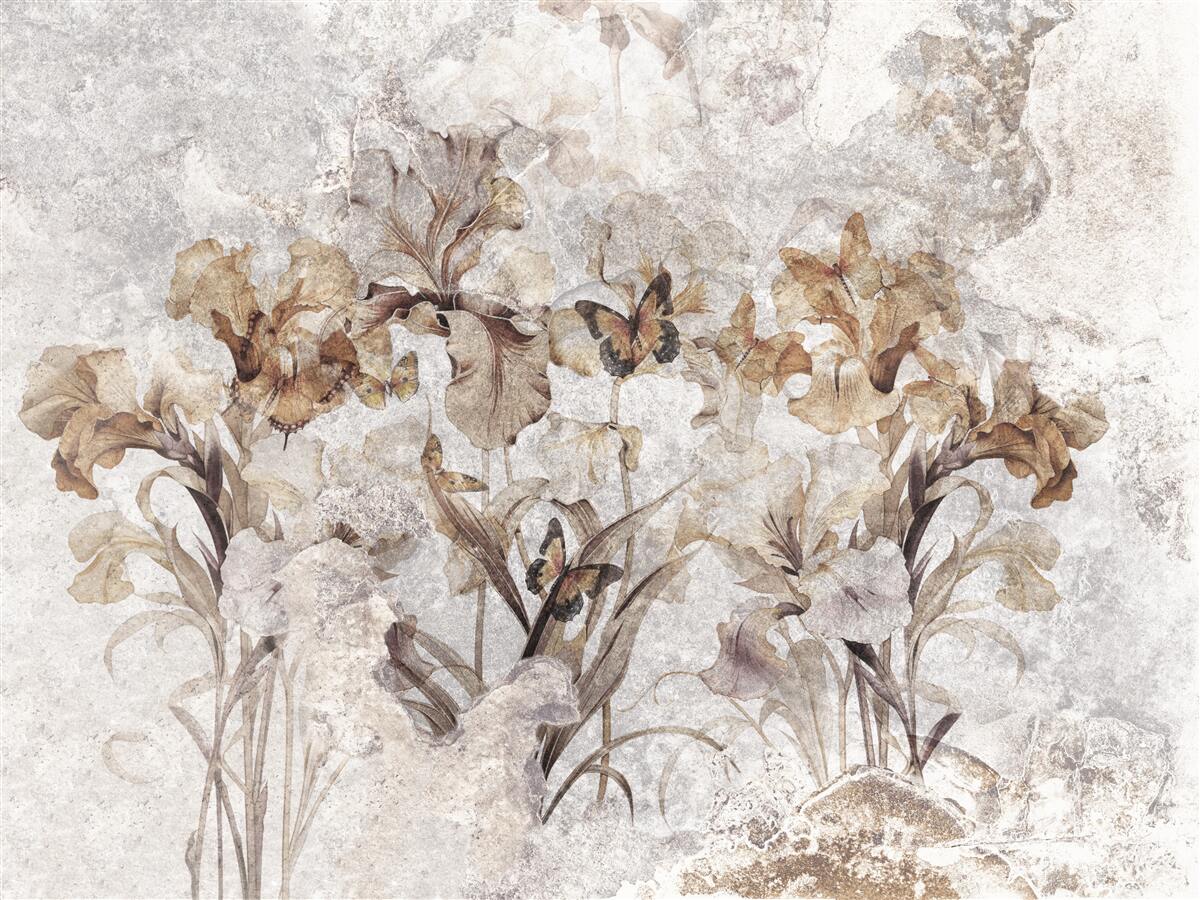 Fotobehang herfstbladeren verborgen in mist en vlinders