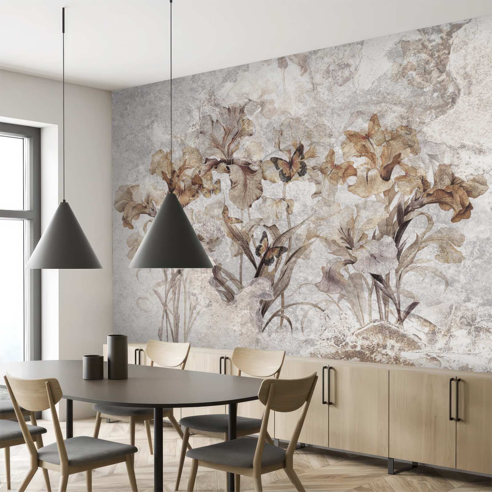 Fotobehang herfstbladeren verborgen in mist en vlinders