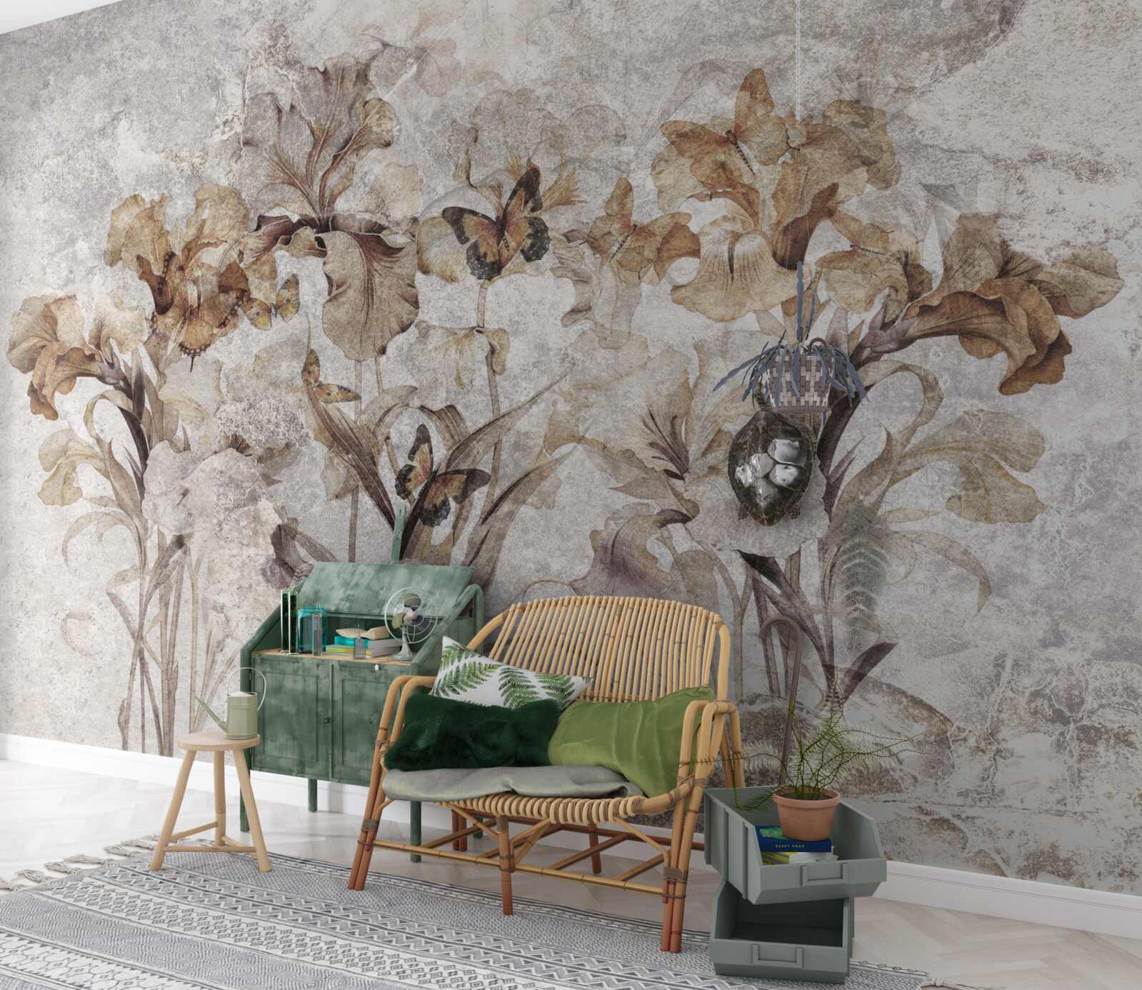 Fotobehang herfstbladeren verborgen in mist en vlinders